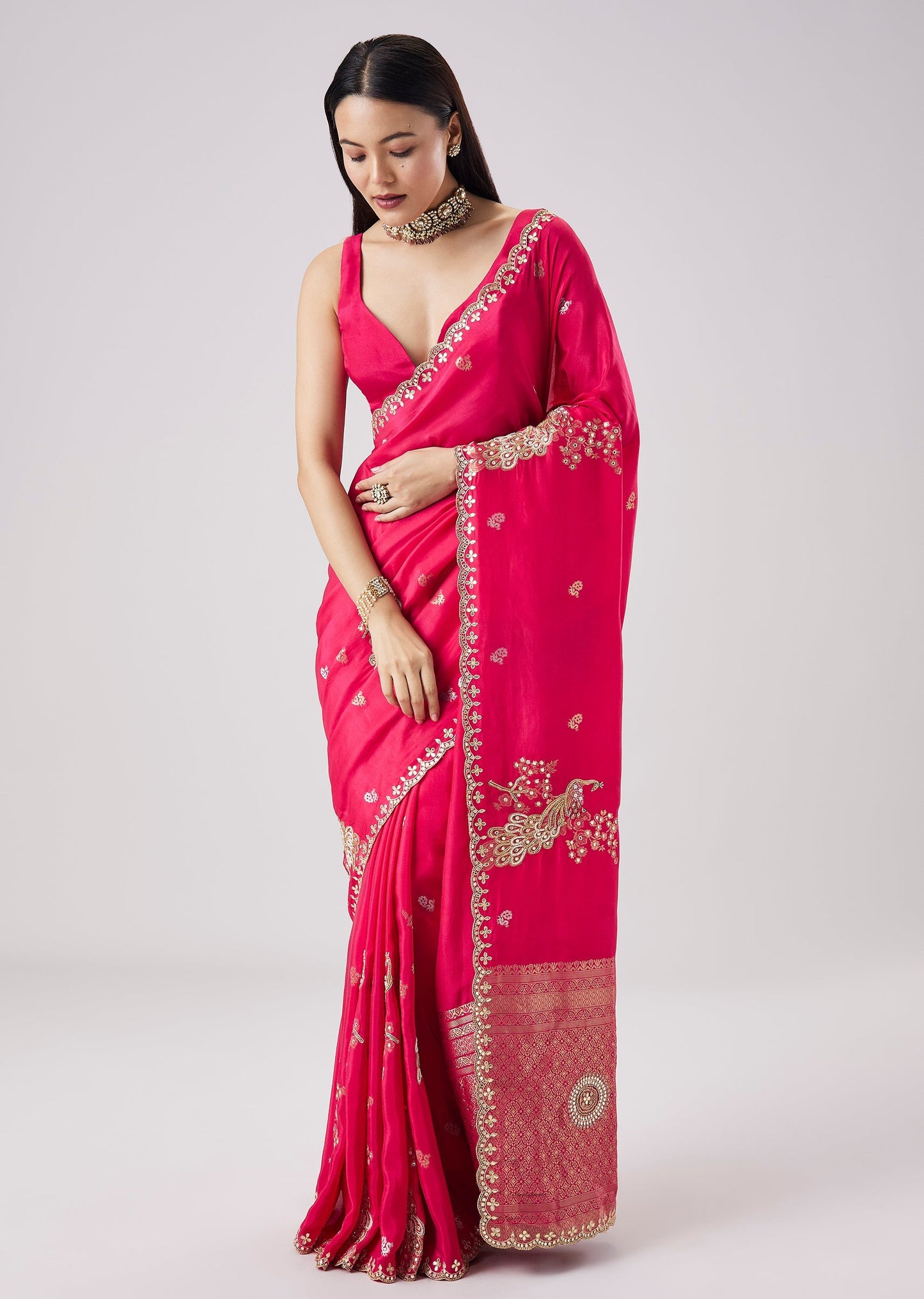 Rani Pink Embroidered Motif Saree With Unstitched Blouse