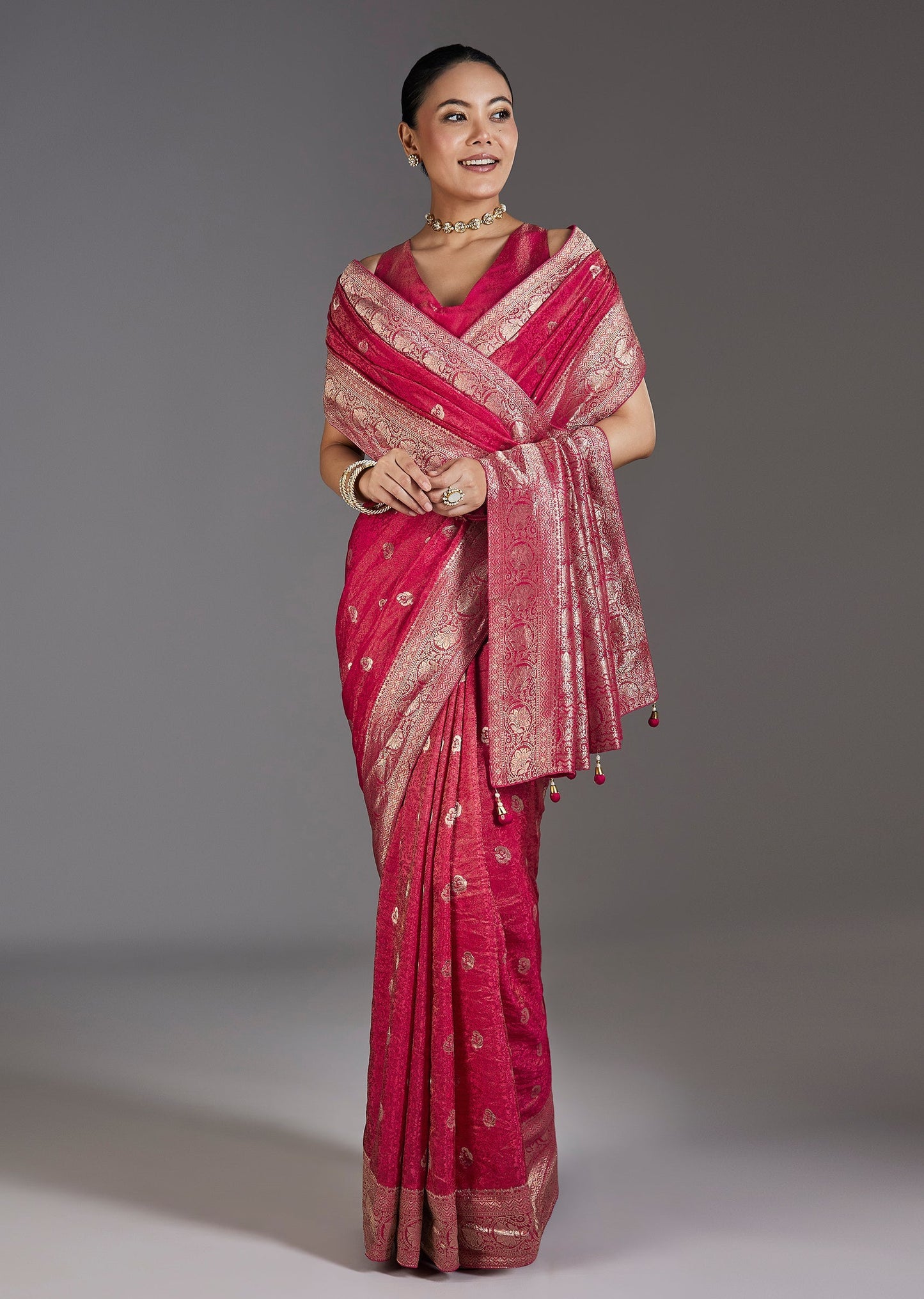 Rani Pink Jacquard Dola Silk Saree With Animal Butti