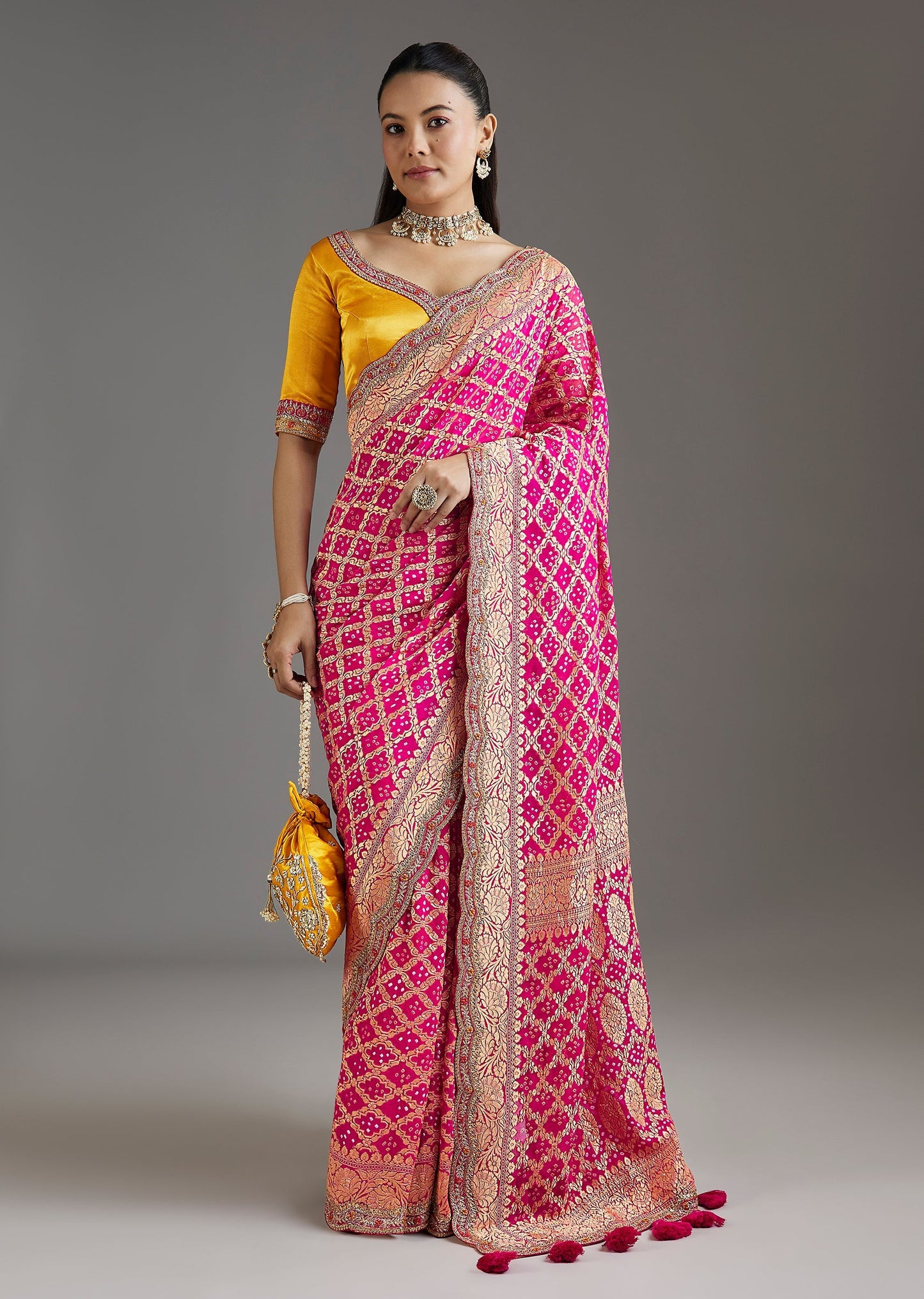 Rani Pink Khadi Georgette Saree With Satin Blouse