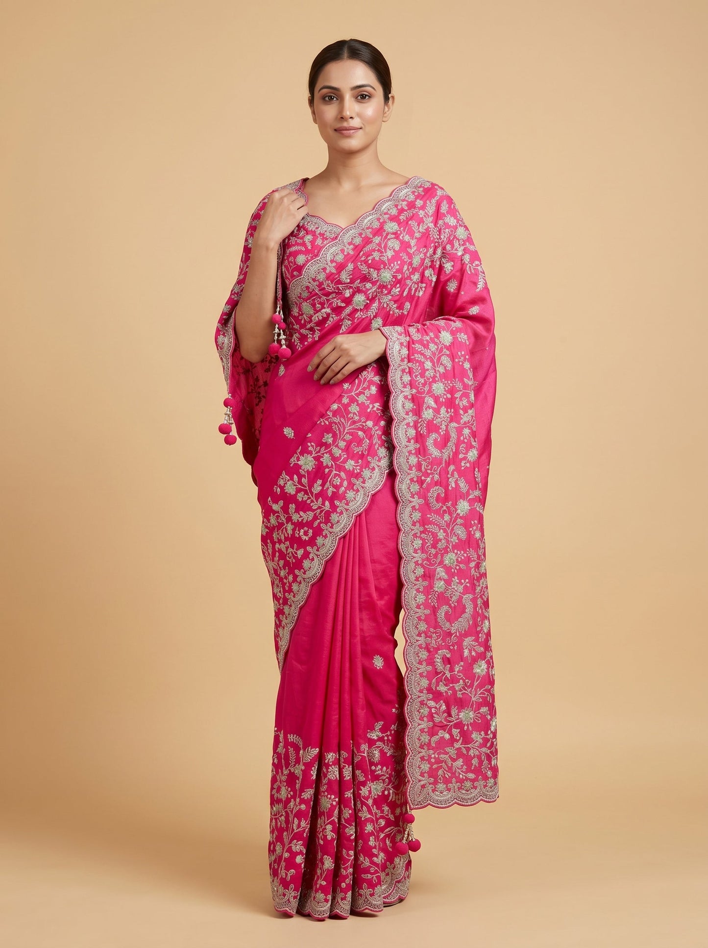 Rani Pink Rich Embroidered Saree