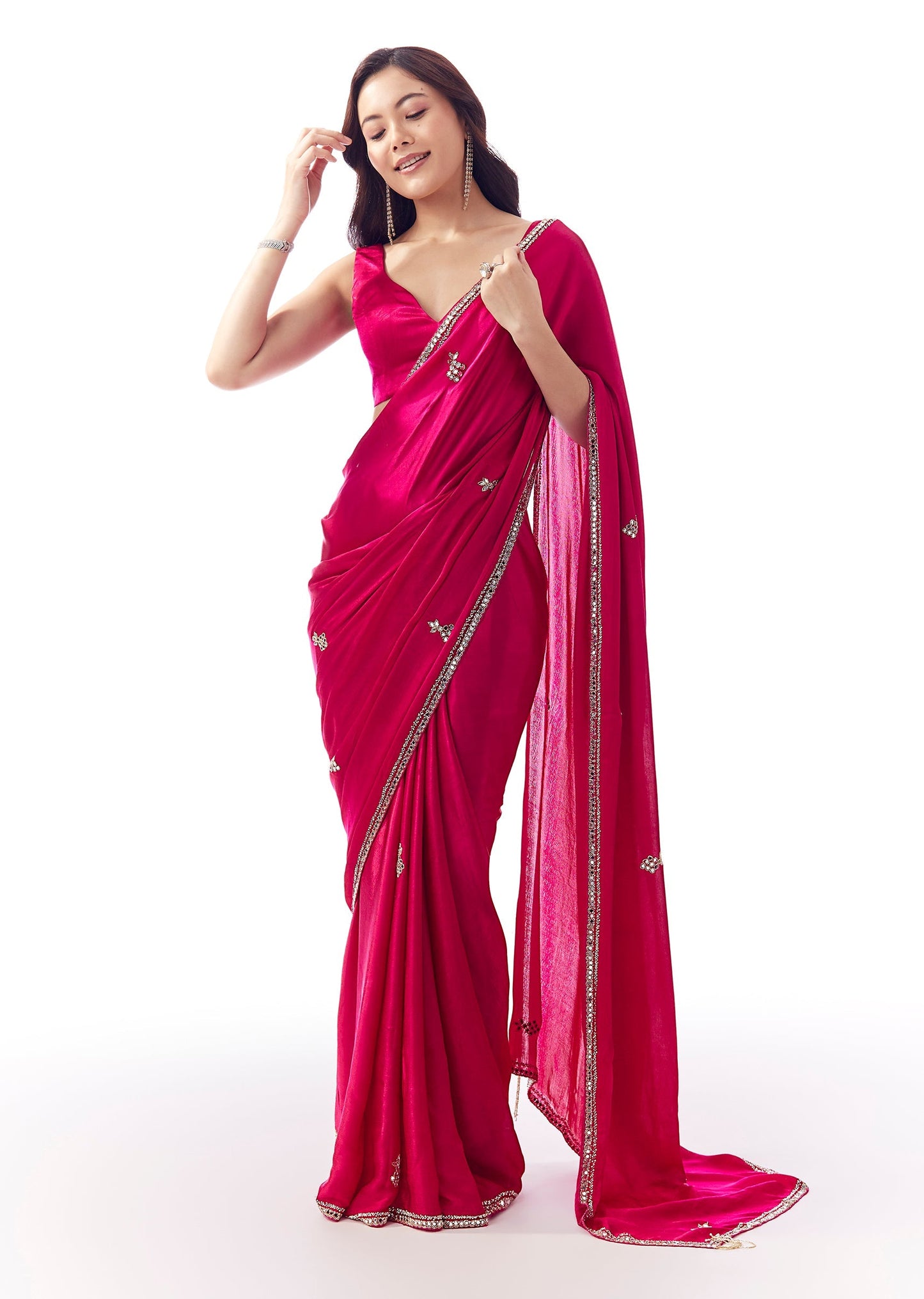 Rani Pink Satin Chinon Saree With Mirror And Bead Embroidered Border