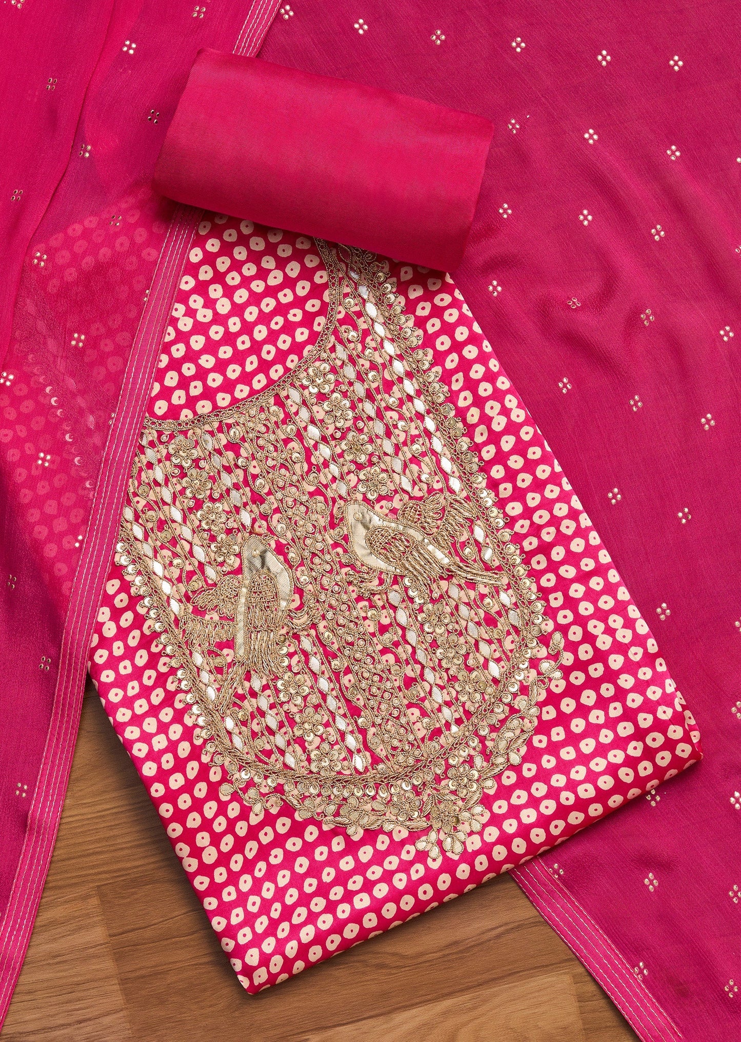Rani Pink Satin Printed Unstitched Suit with Dupatta and Bottom Fabric
