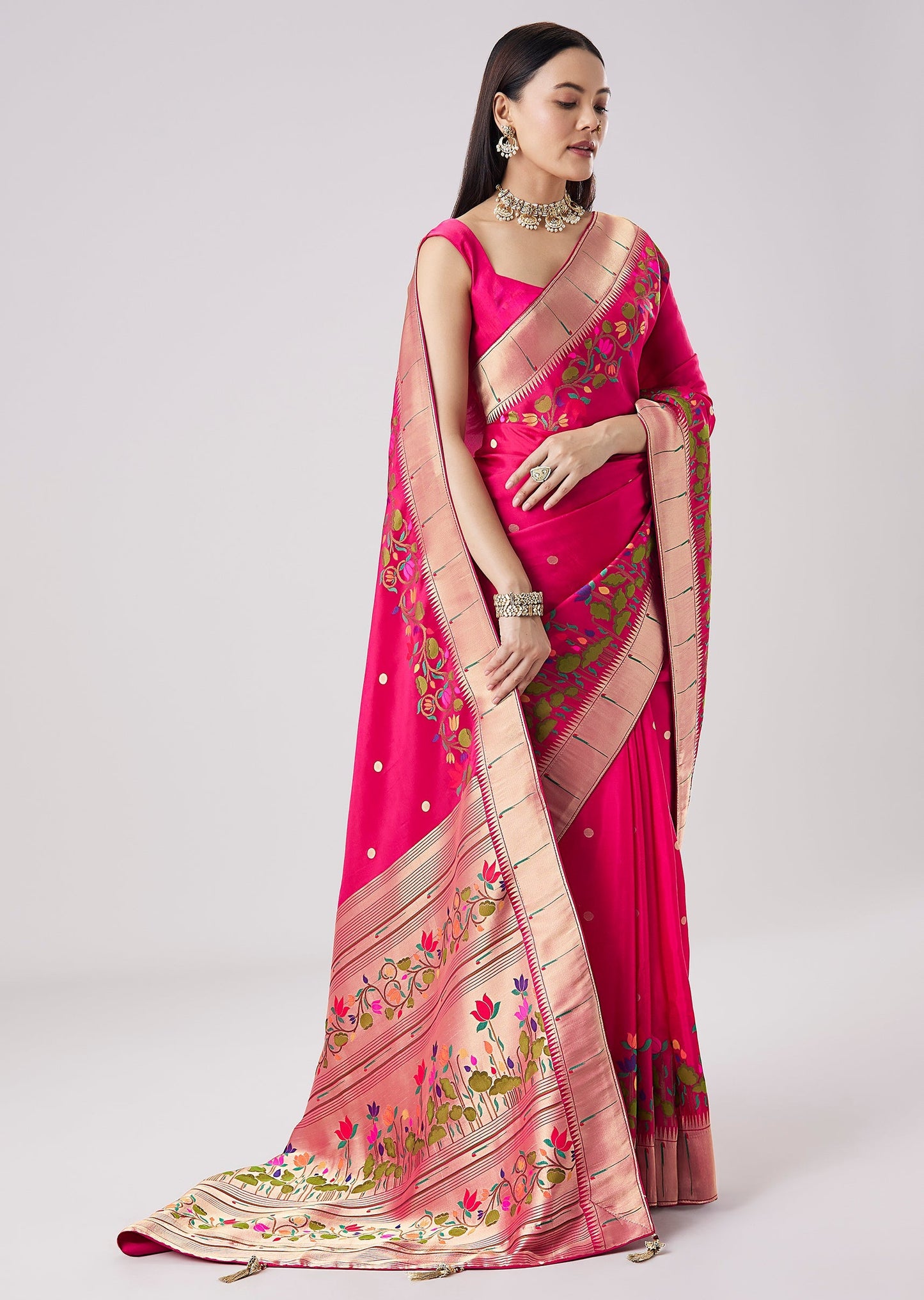 Rani Pink Woven Motif Saree With Unstitched Blouse