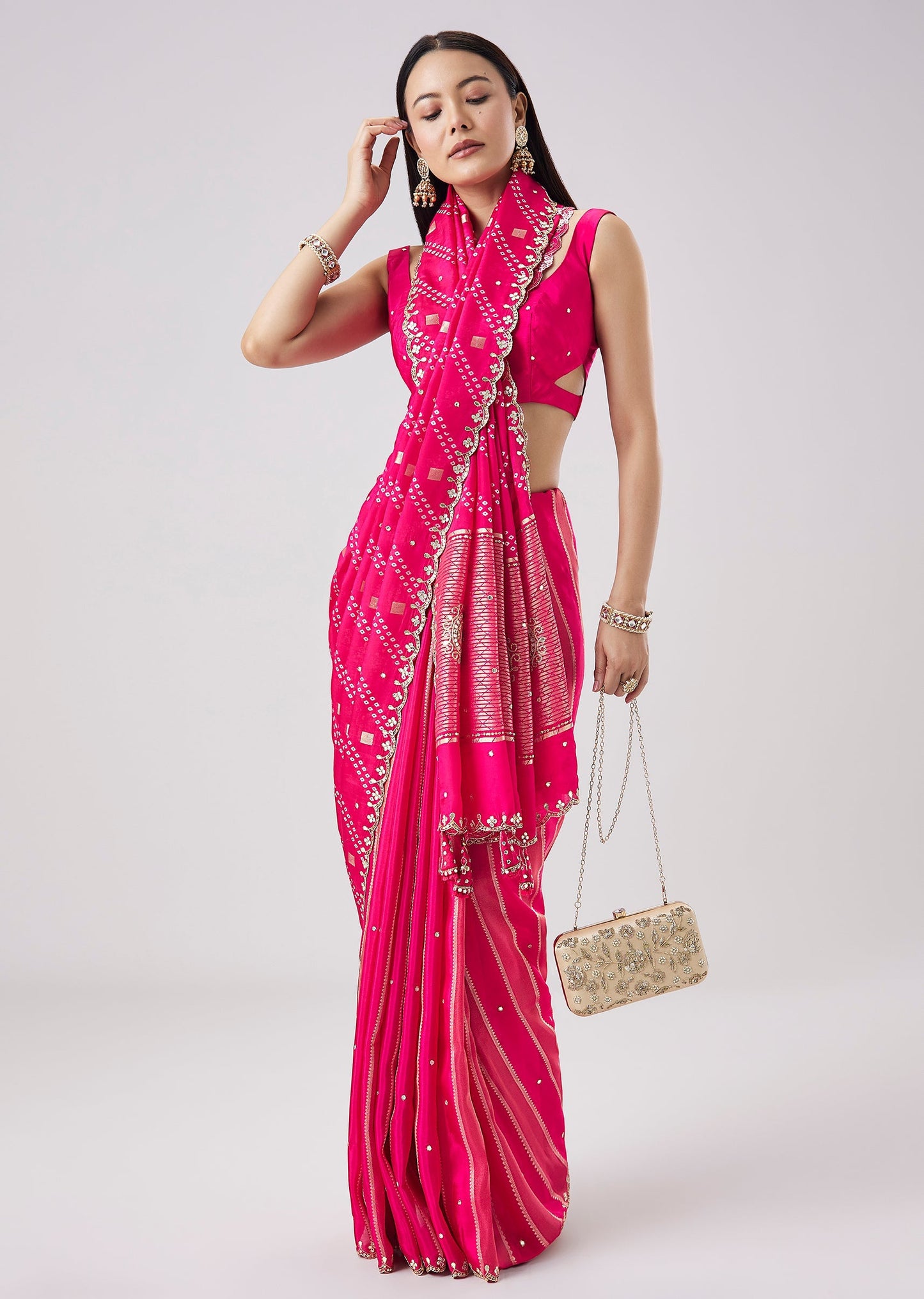 Rani Pink Woven Tassel Saree With Unstitched Blouse