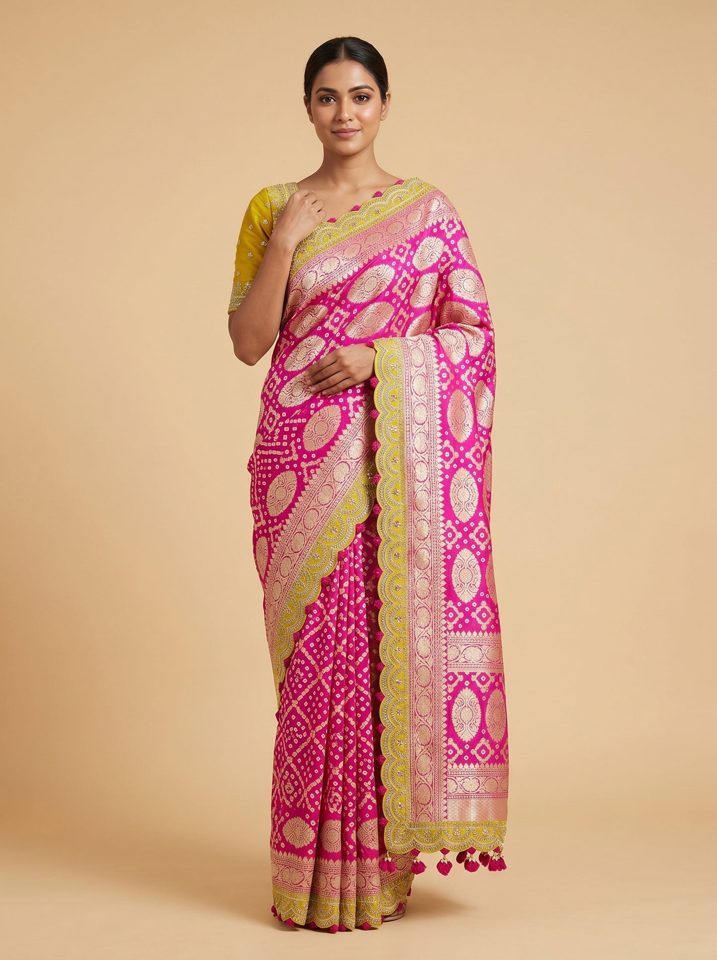 Rani Pink Yellow Glow Embroidered Saree
