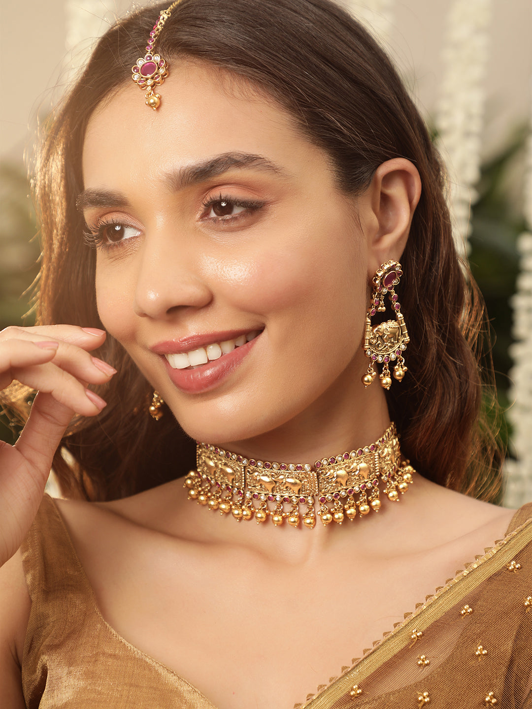 Ruby Studded Elephant Motif Temple Choker Set