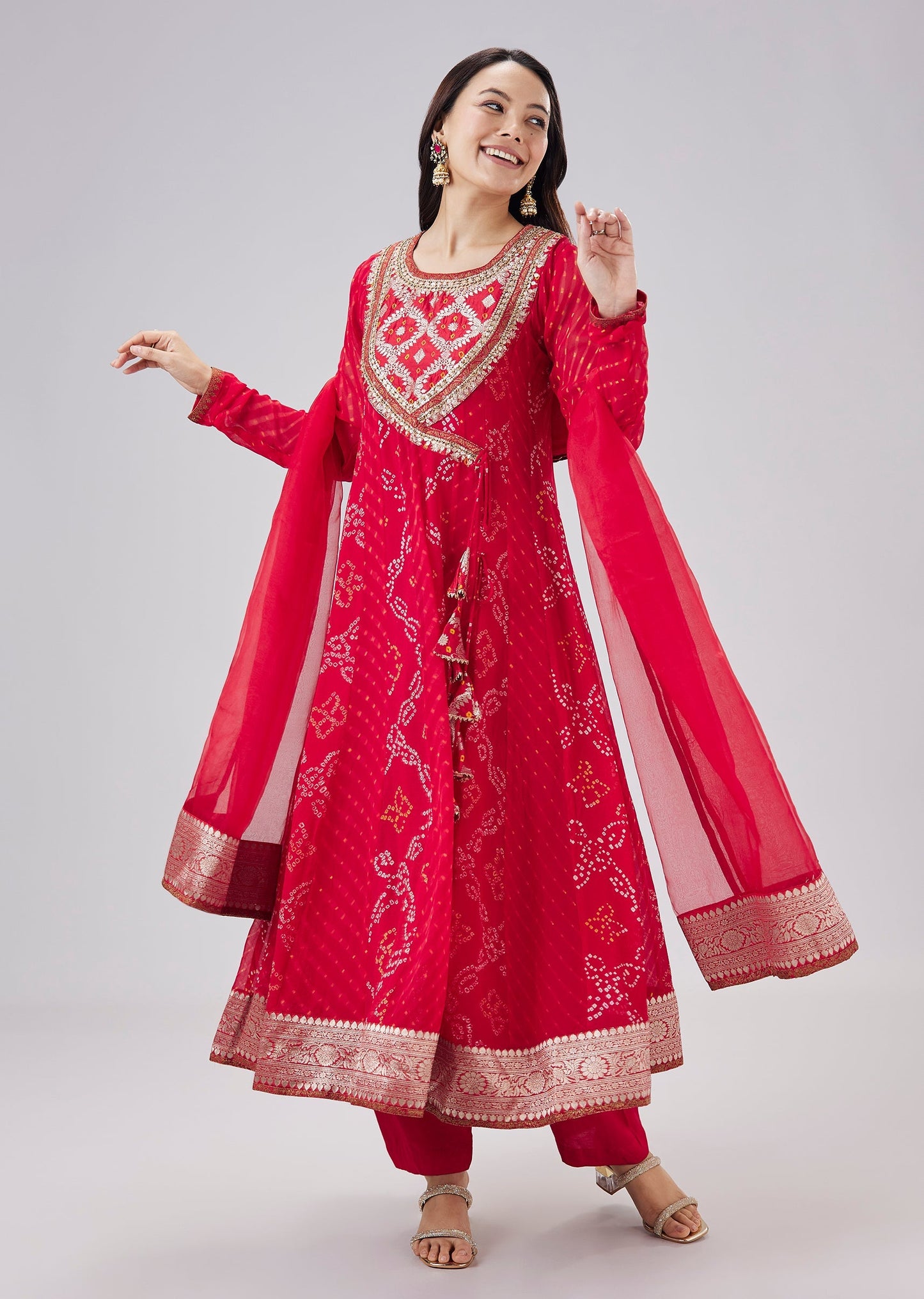Red Bandhani And Leheriya Print Angrakha Suit Set