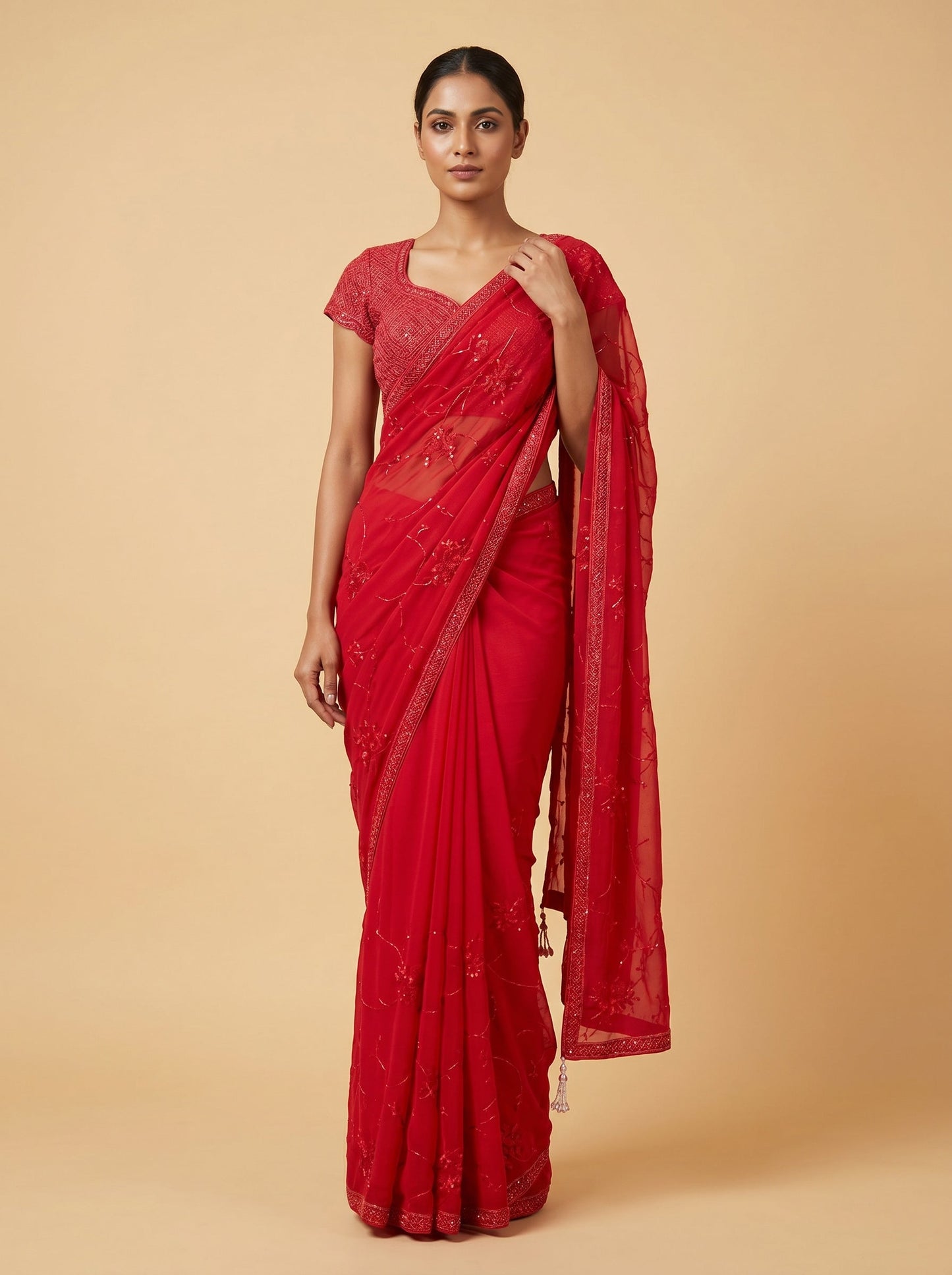Red Strong Embroidered Saree