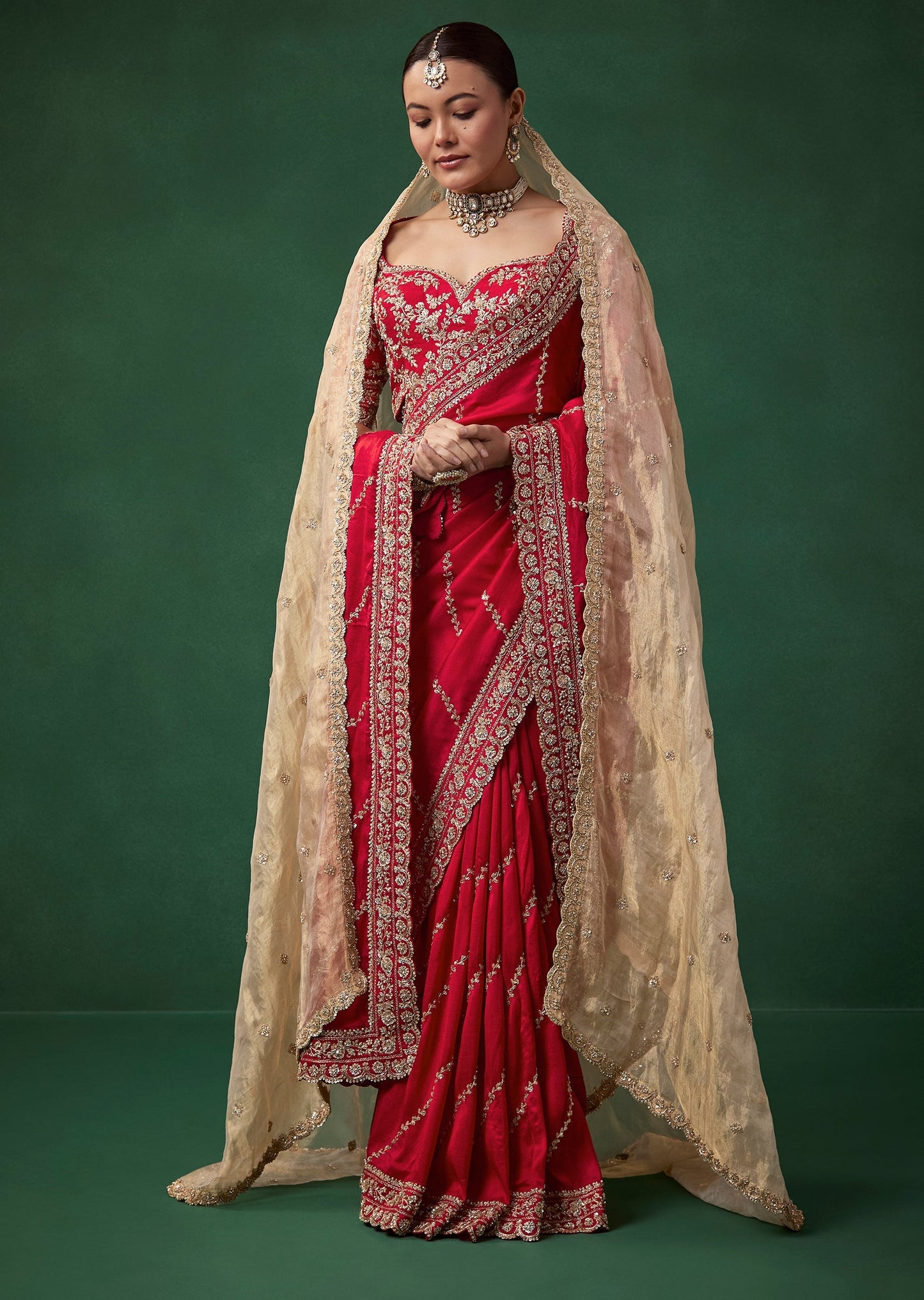 Red Bridal Silk Embroidered Saree with Unstitched Blouse