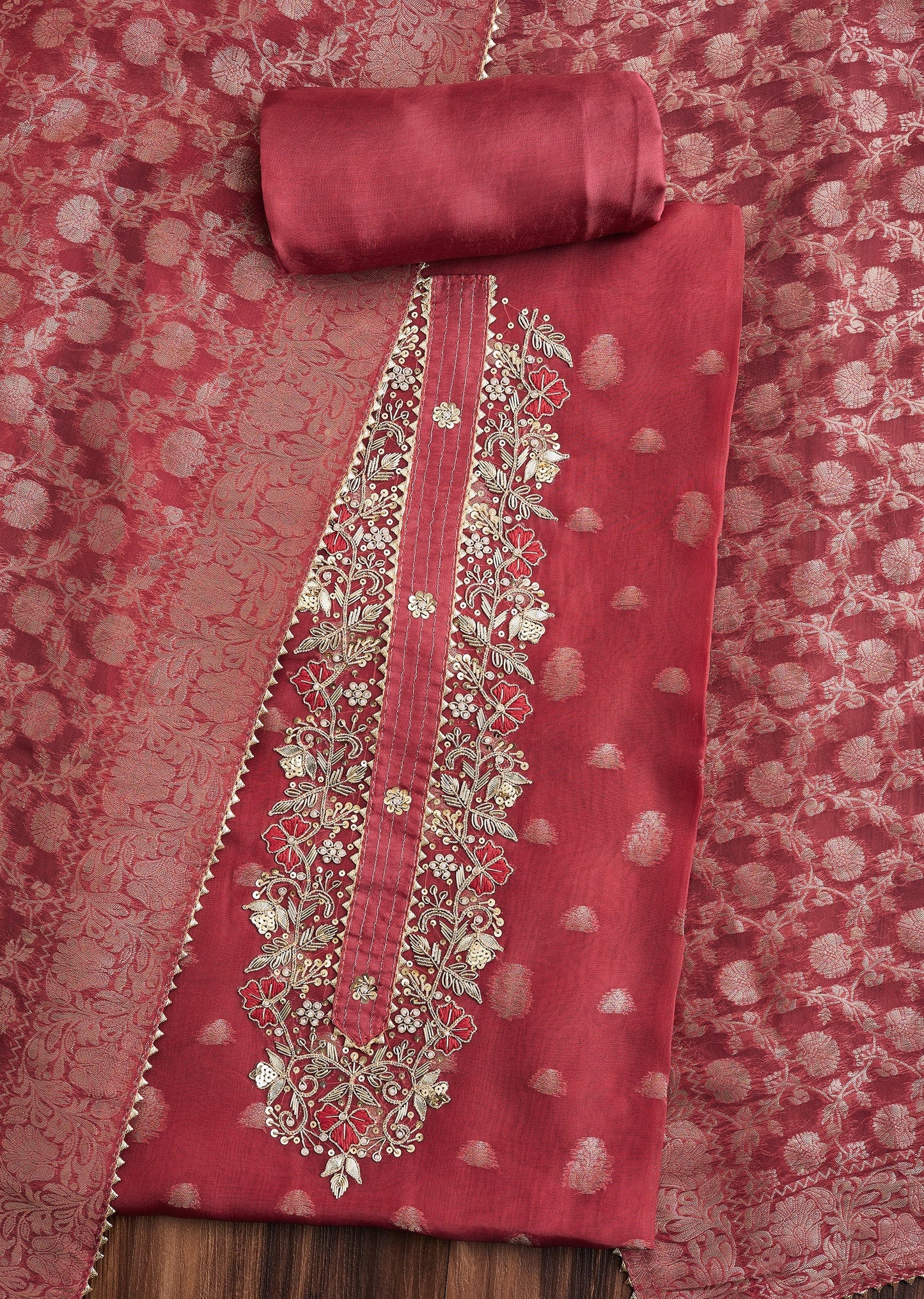 Red Chanderi Unstitched Suit