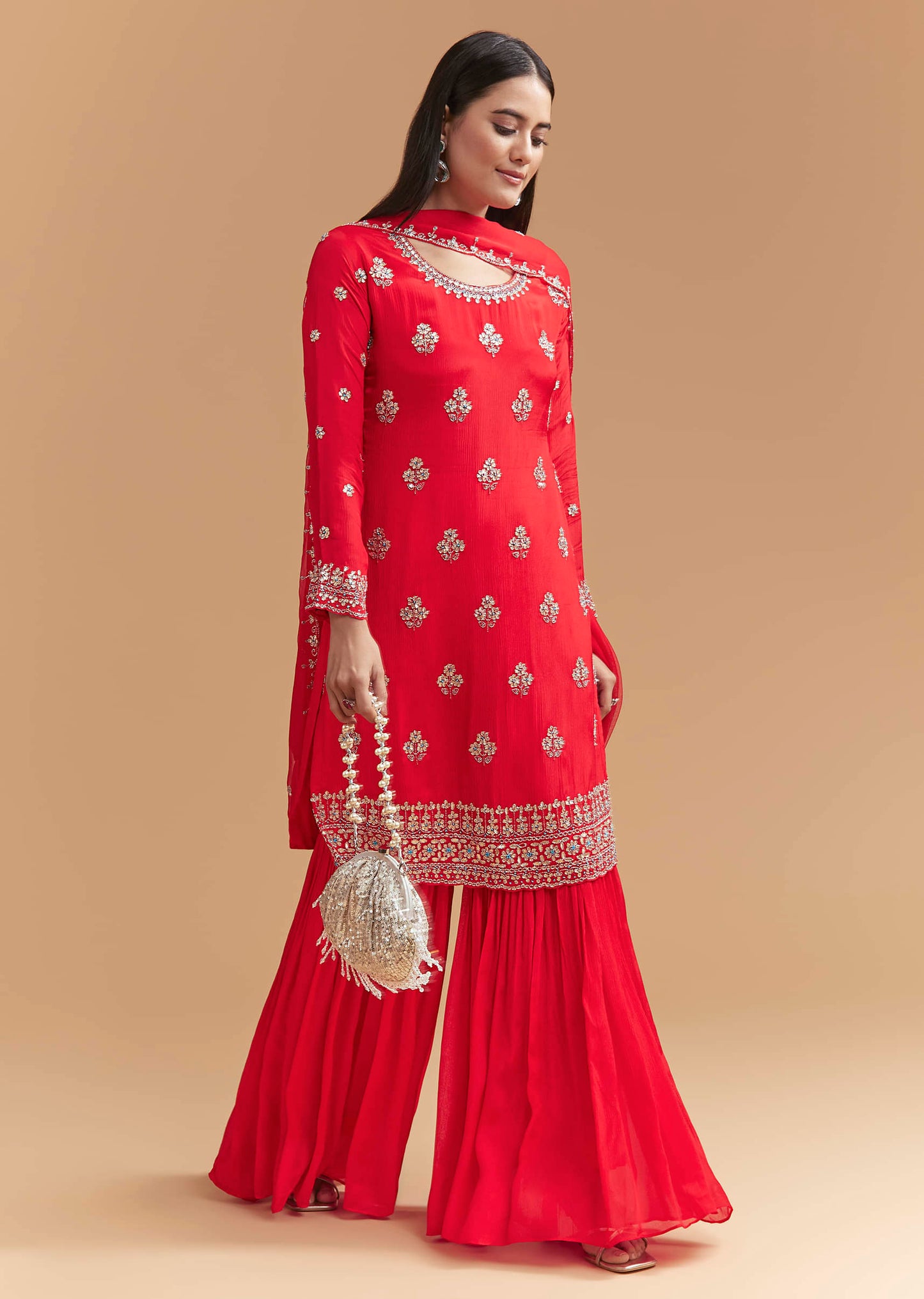 Red Chinon Sharara Set With Floral Cutdana Embroidery