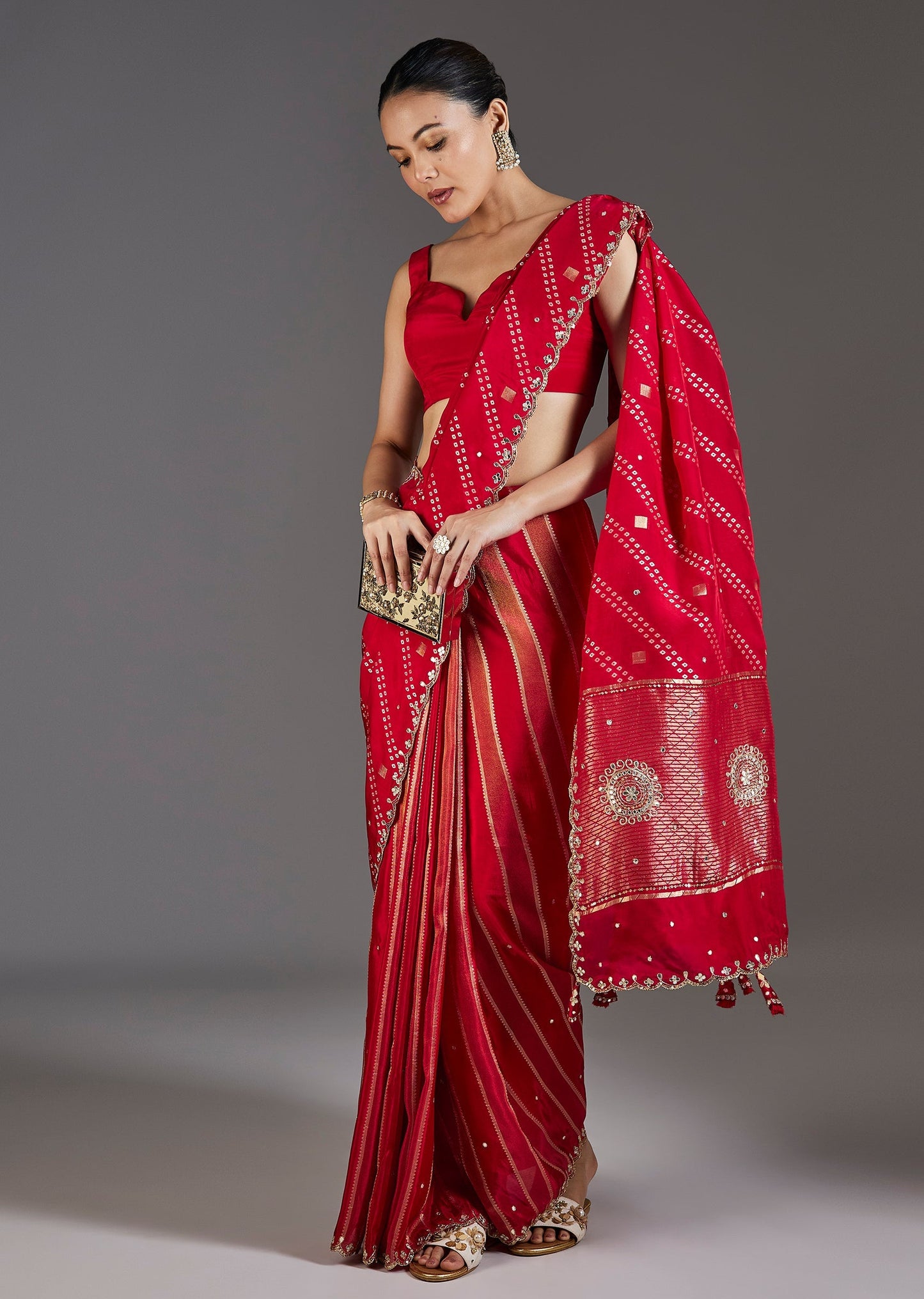 Red Dola Silk Lehriya Saree