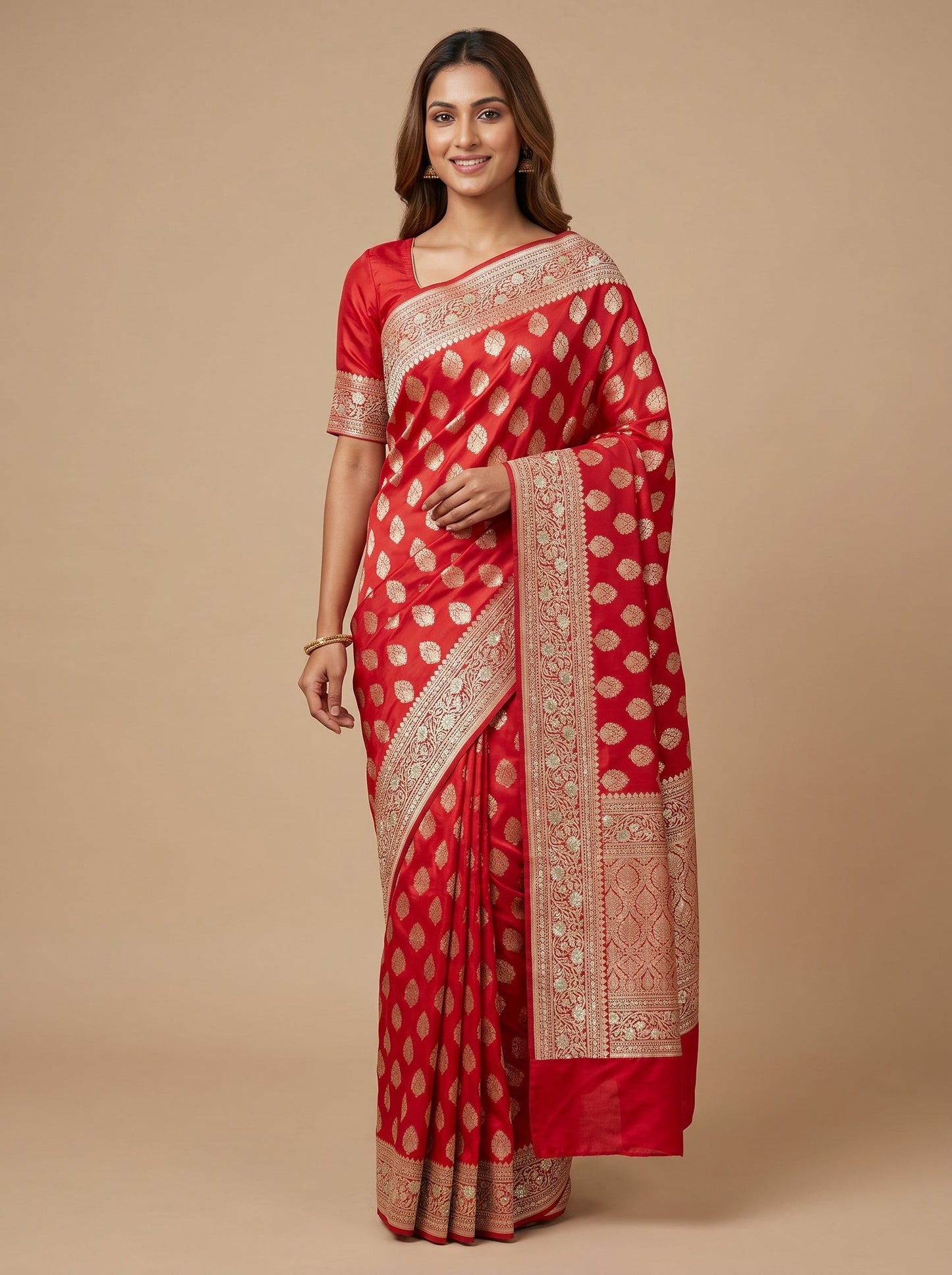 Red embroidered saree with classic work
