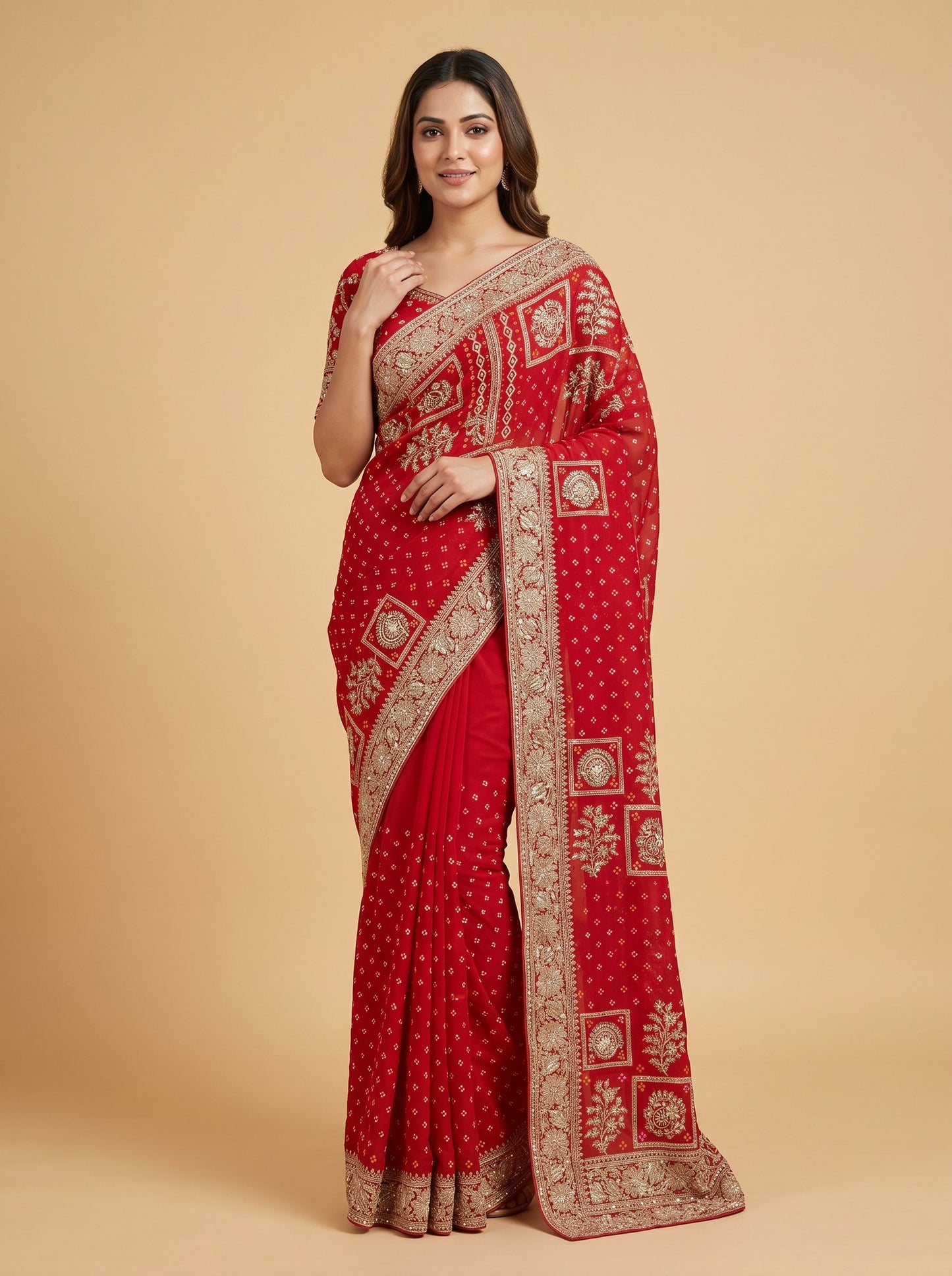 Red Festive Tie-Dye Bandhani Saree