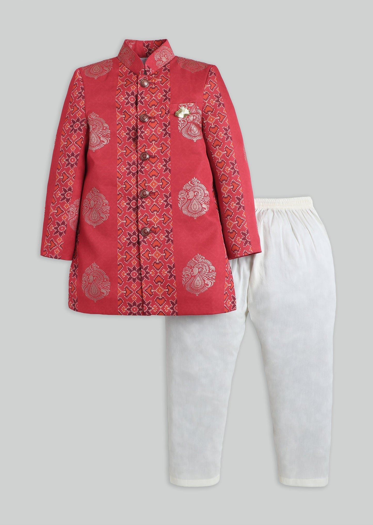 Red Foil Printed Kurta Set For Boys