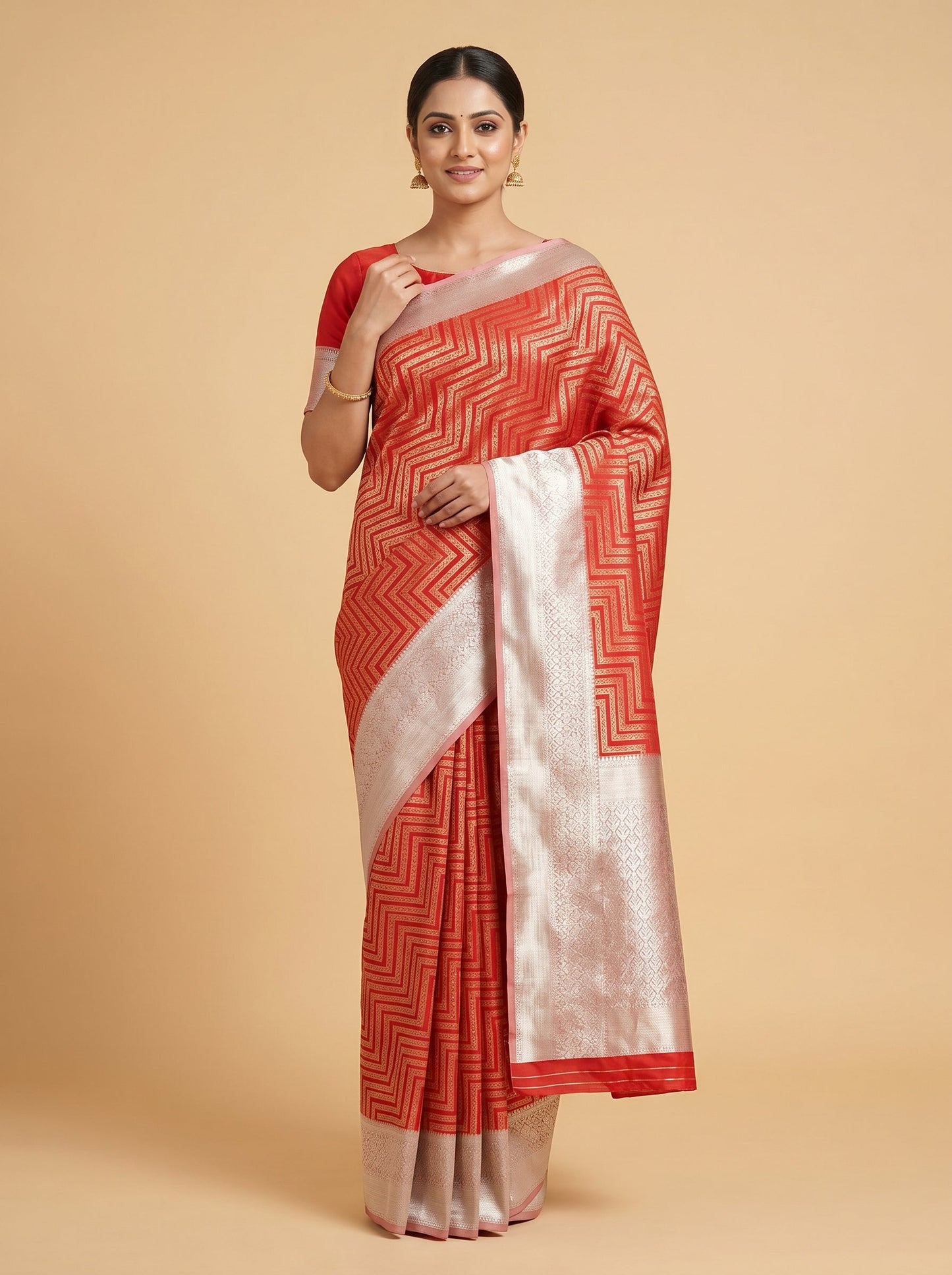 Red handloom saree with geometric weave