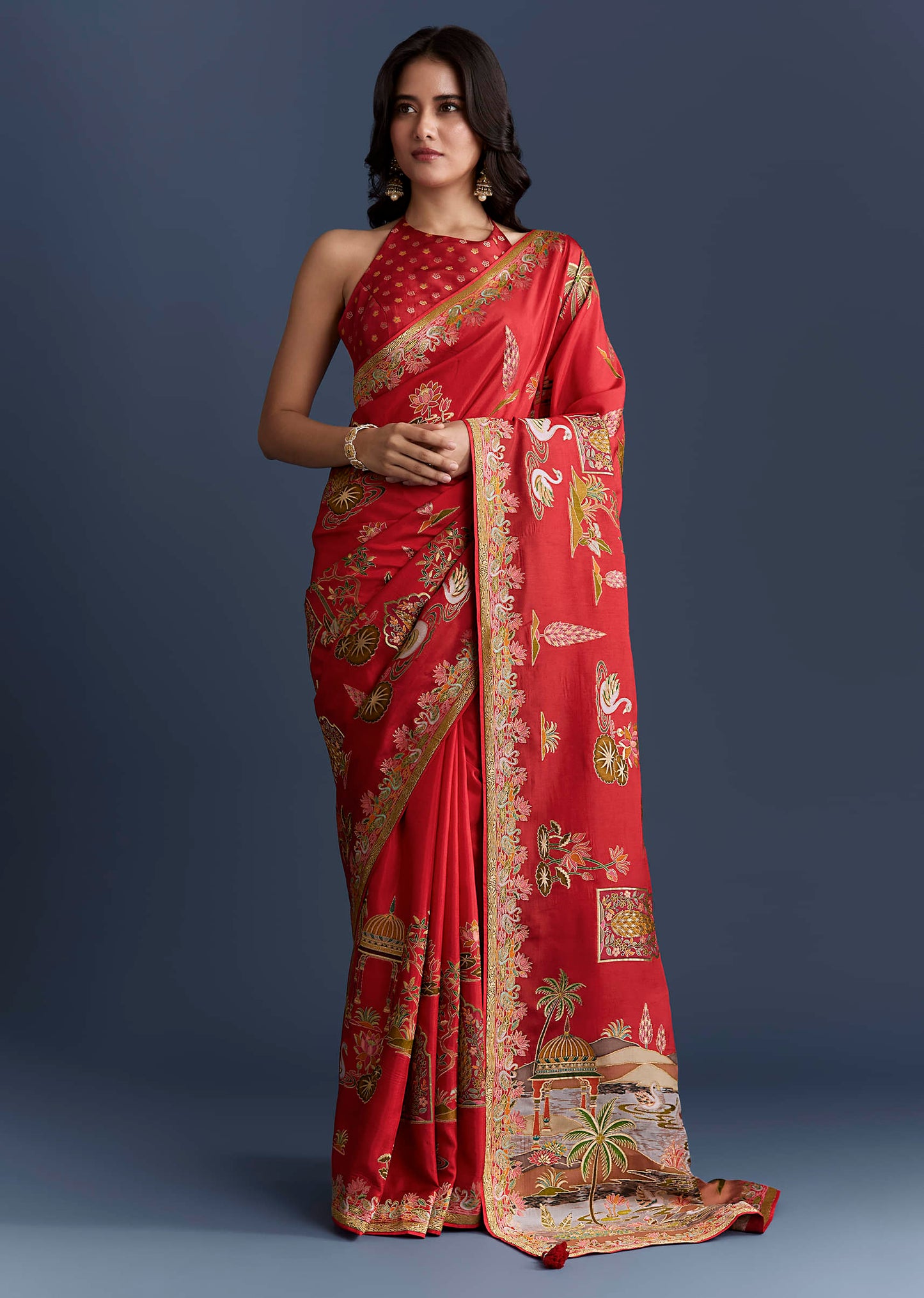 Red Magenta Dola Silk Saree With Nature Motifs And Embroidery