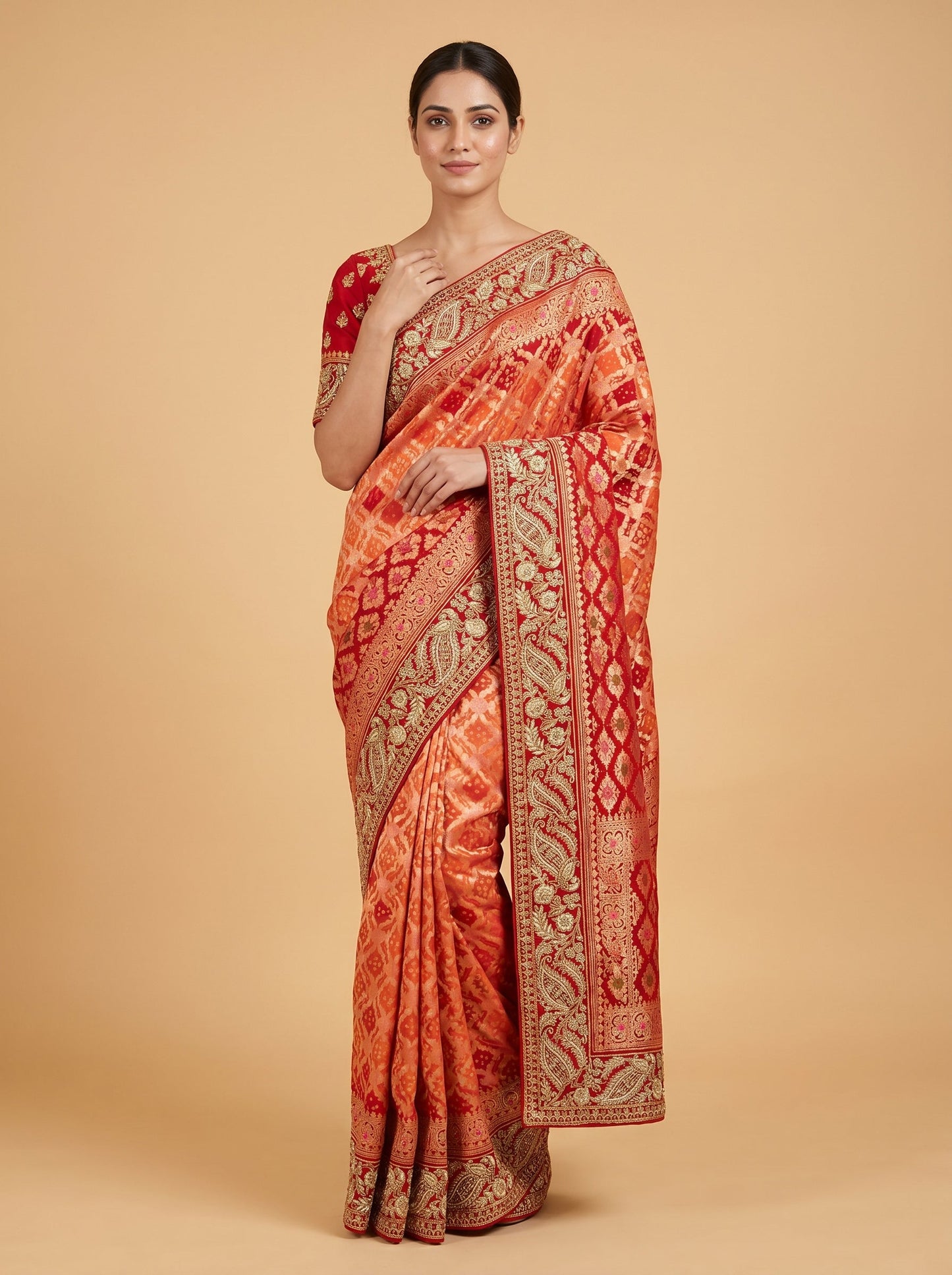 Red Orange Warm Fusion Handloom Saree