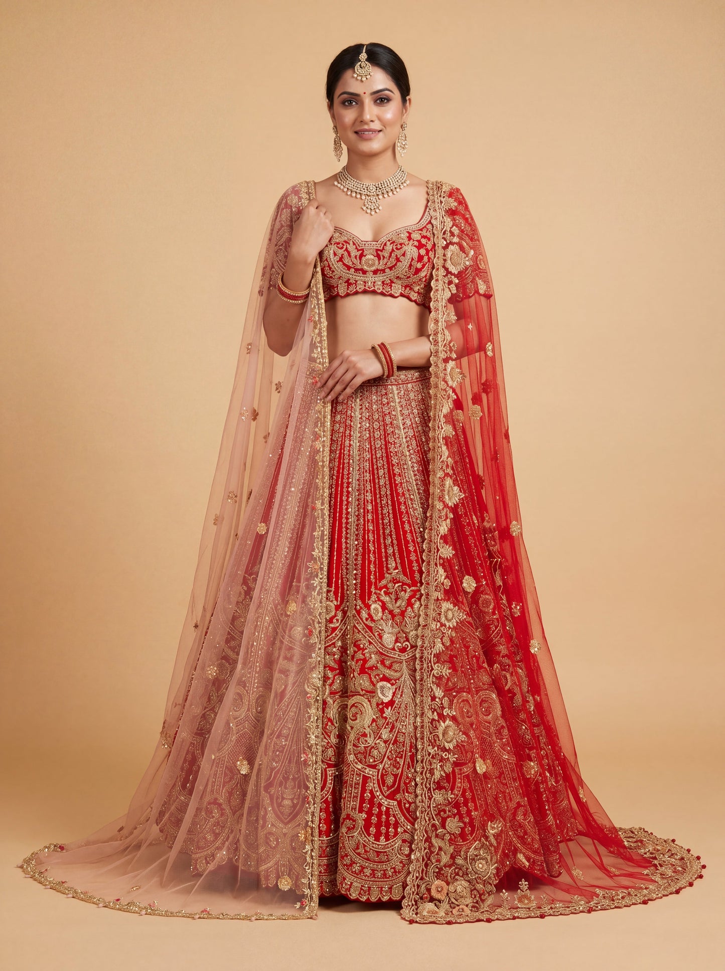 Red Pheras Bridal Lehenga With Bold Embroidery Sheer Dupatta