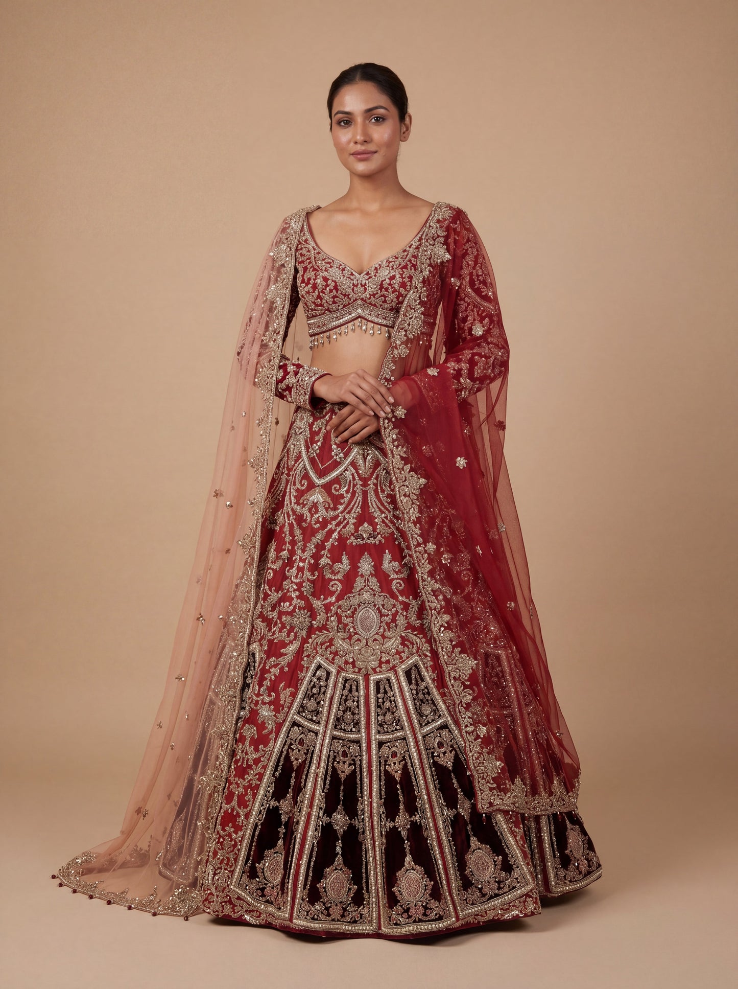 Red Pheras Bridal Lehenga With Dark Velvet Embroidered Blouse