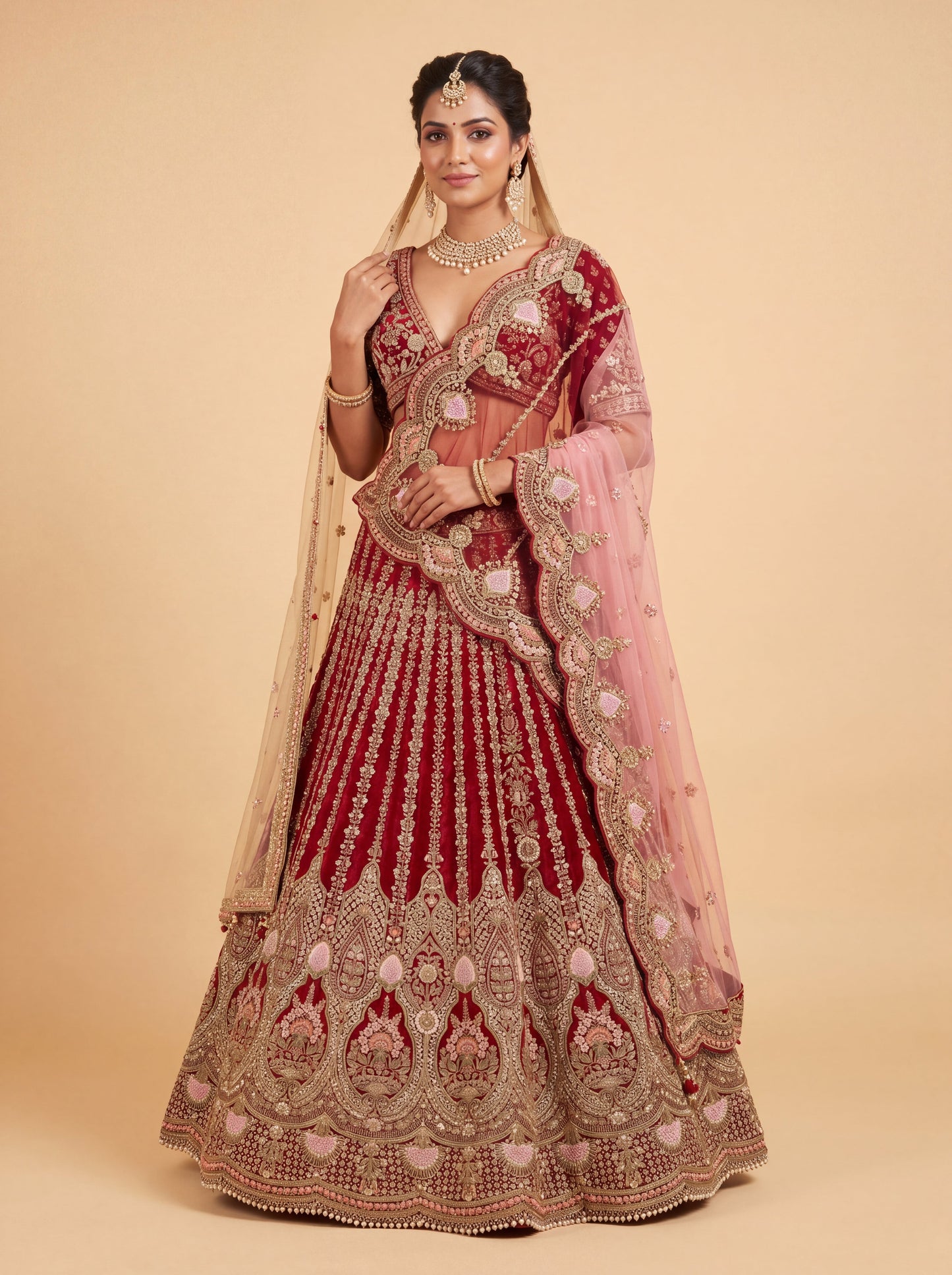 Red Pheras Bridal Lehenga With Floral Embroidered Volume