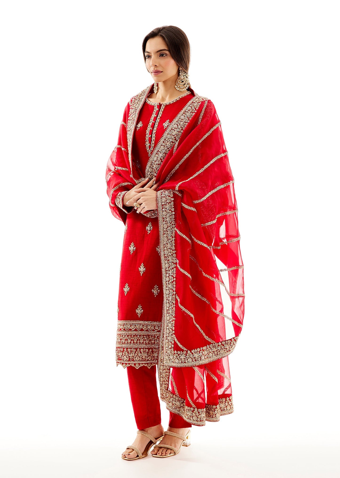 Red Raw Silk Kurta Dupatta Set With Zardosi And Moti Work