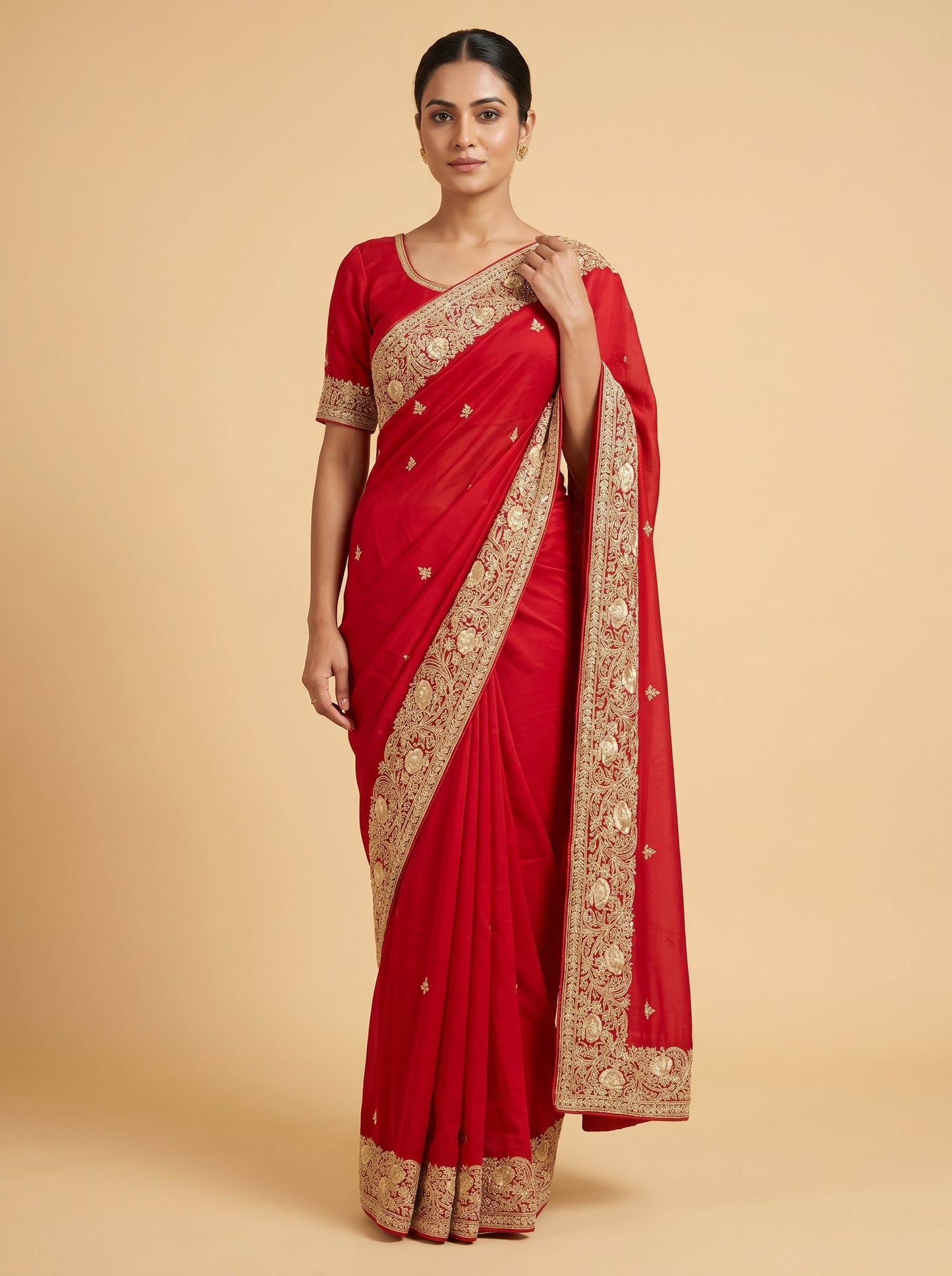 Red Theatrical Threadwork Saree