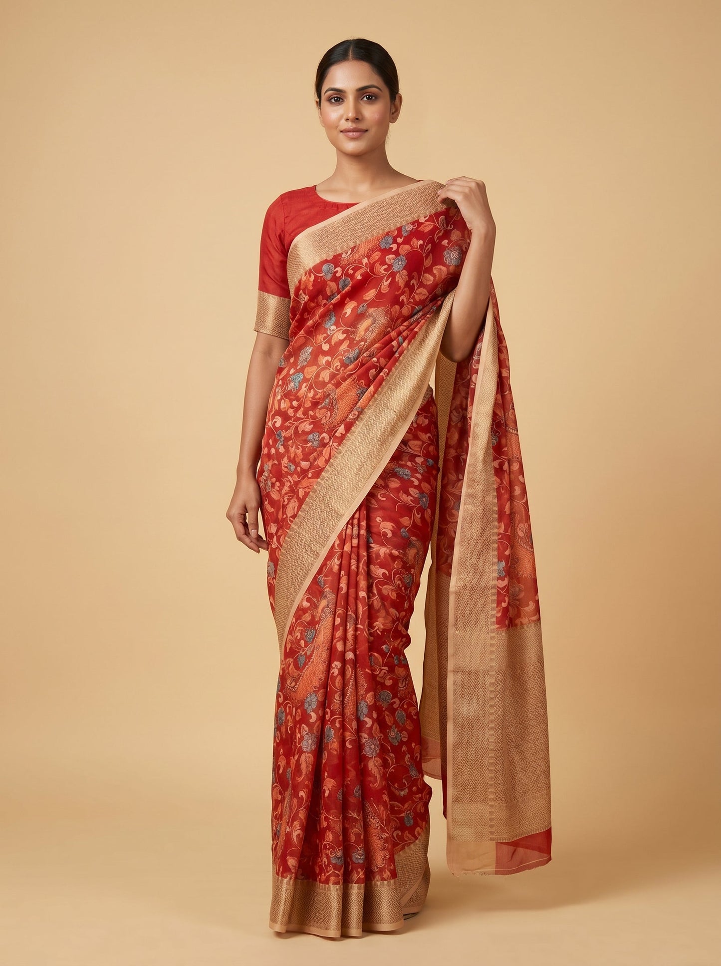 Red Woven Floral Brocade Saree