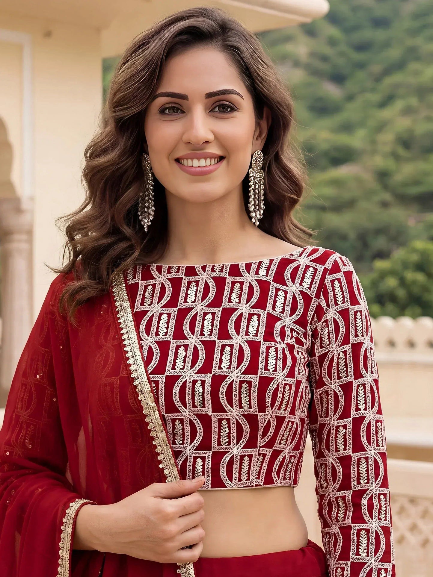 Tulsi Art Outstanding Red Embroidered Georgette Function Wear Lehenga Choli