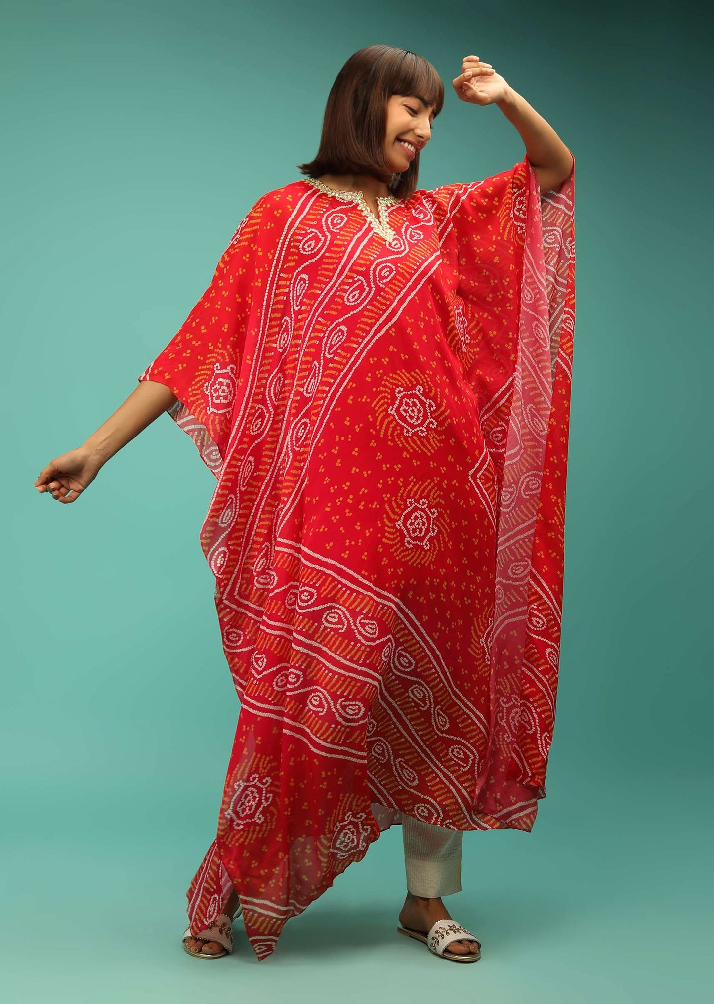 Red Kaftan In Chiffon With Bandhani Print