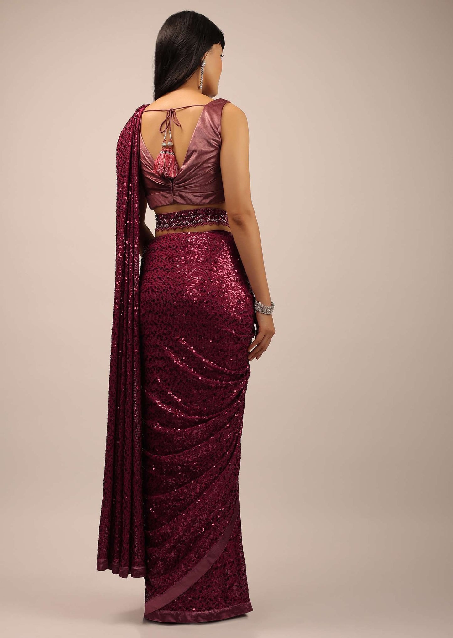 Red Sequins Saree And Satin Blouse With A Waist Belt Embellished In Sequins