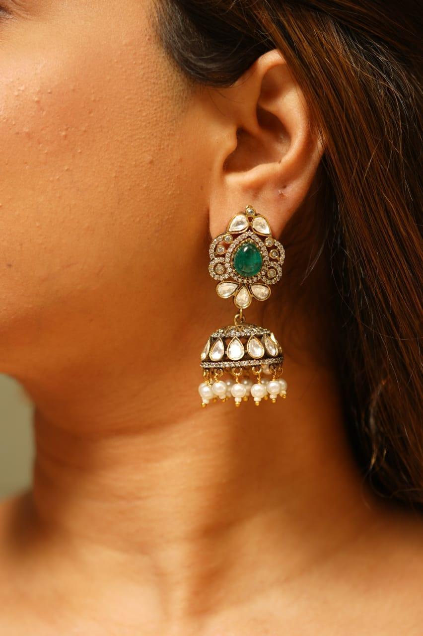Renuka Uncut Diamond Indian Jhumkis | Antique Gold Polish
