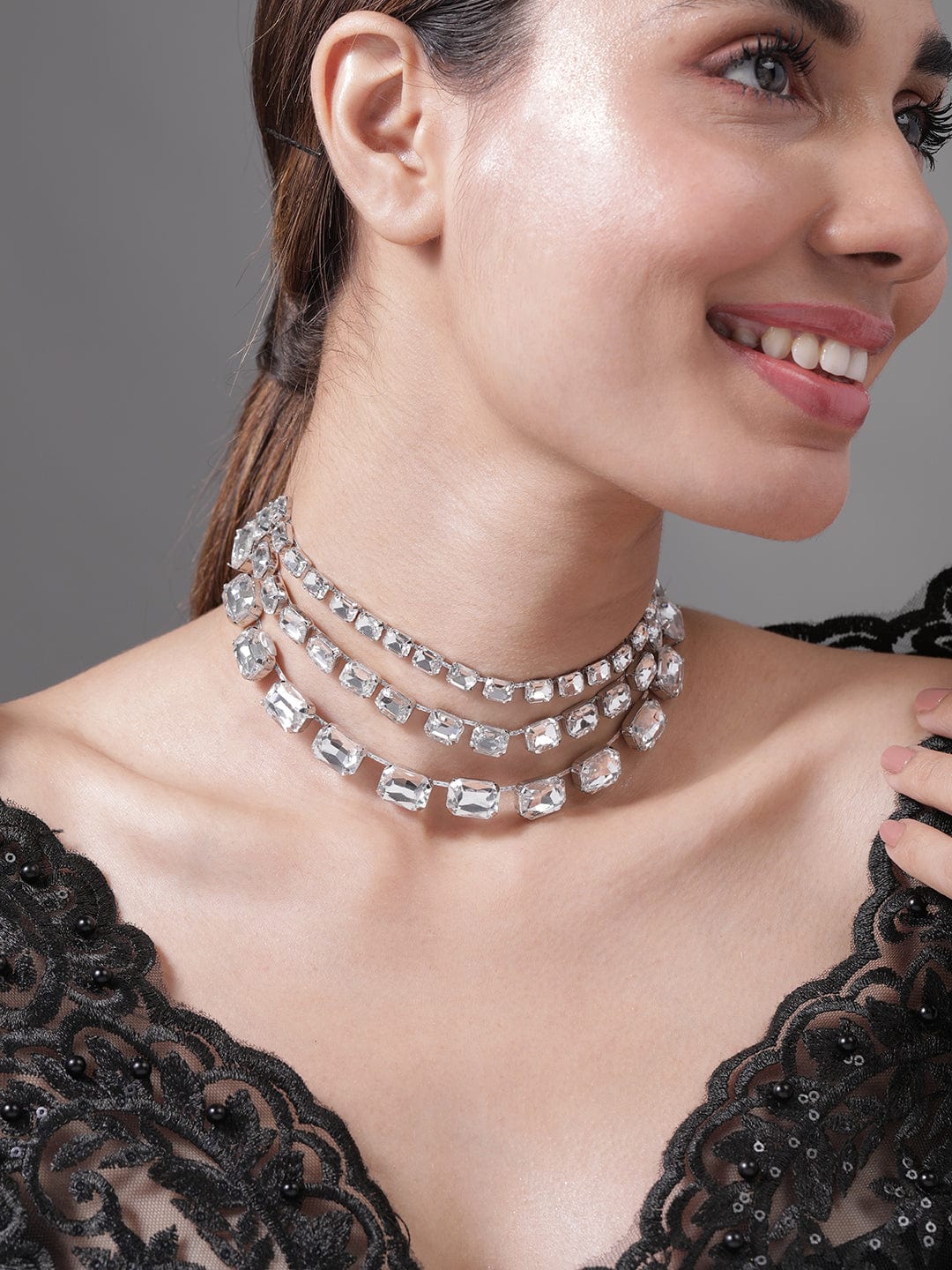 Three layer white studded choker