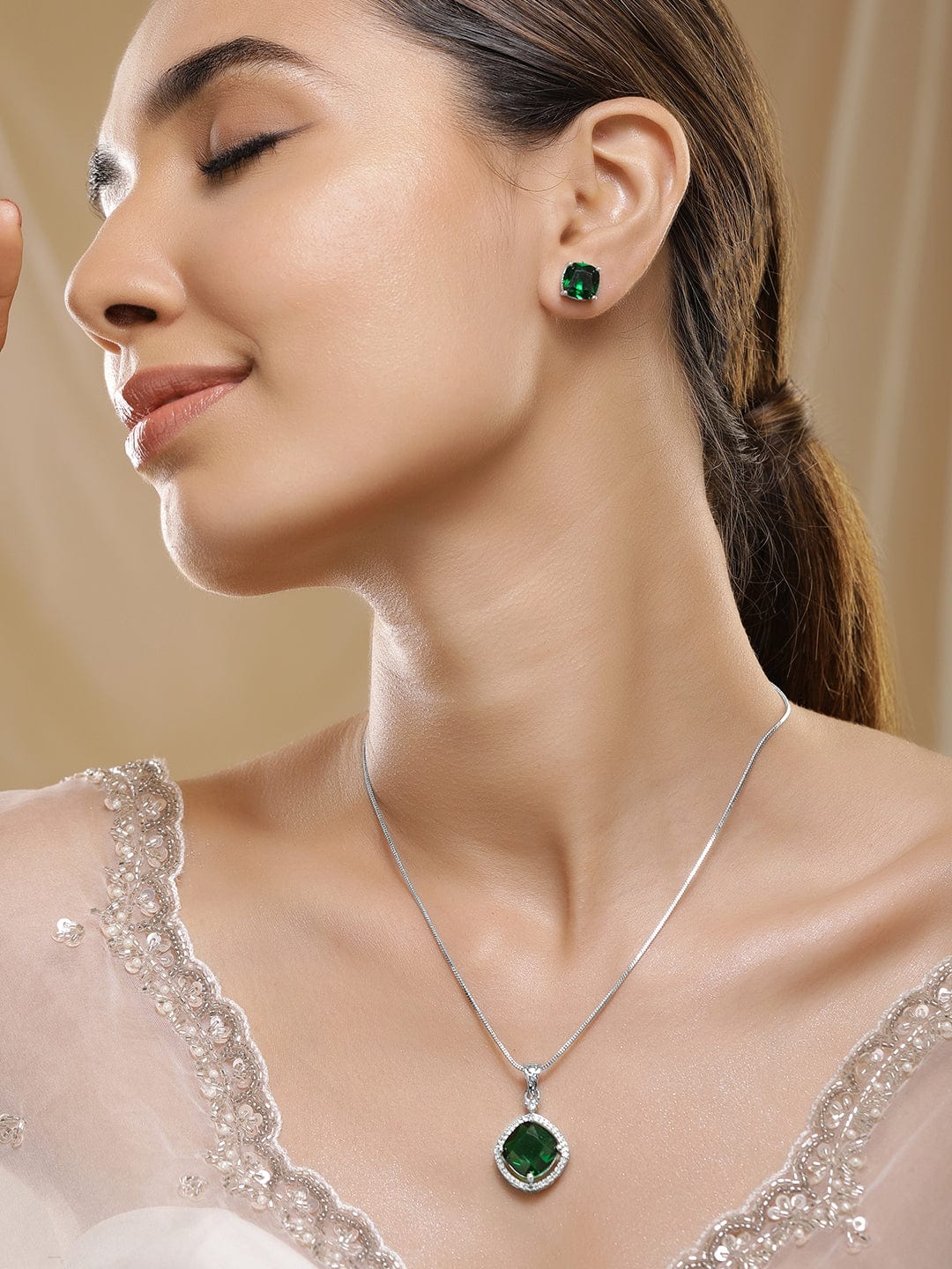 American Diamond Zirconia Emerald Studded Pendant Necklace Set