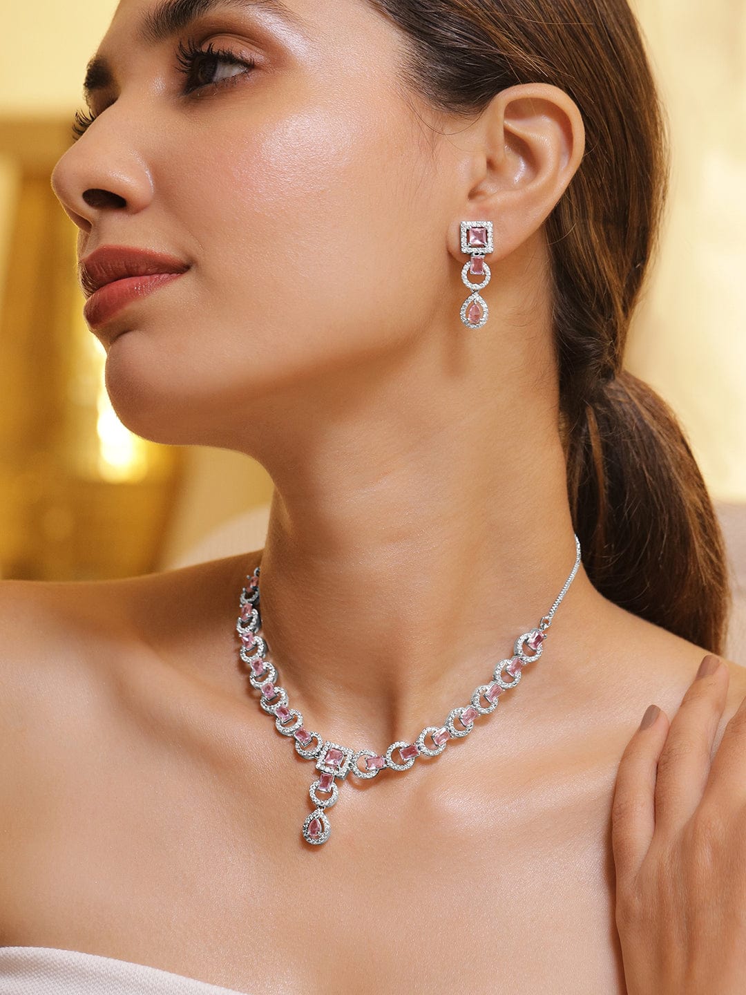 Pink American Diamond Zirconia Studded Necklace Set