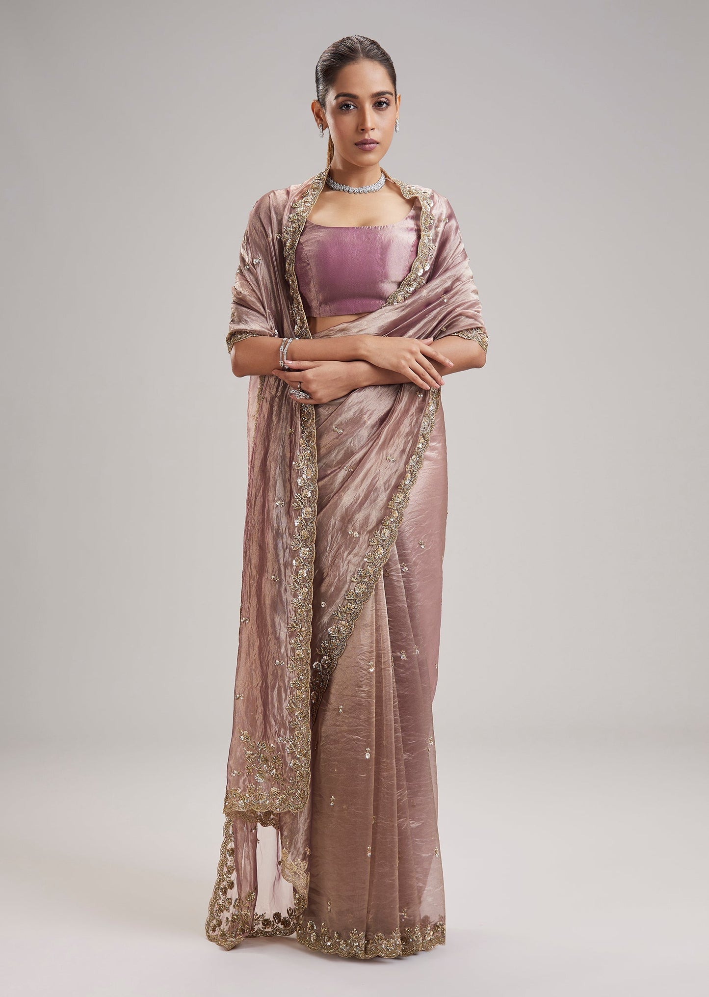 Rose Gold Crushed Tissue Saree With Embellished Border