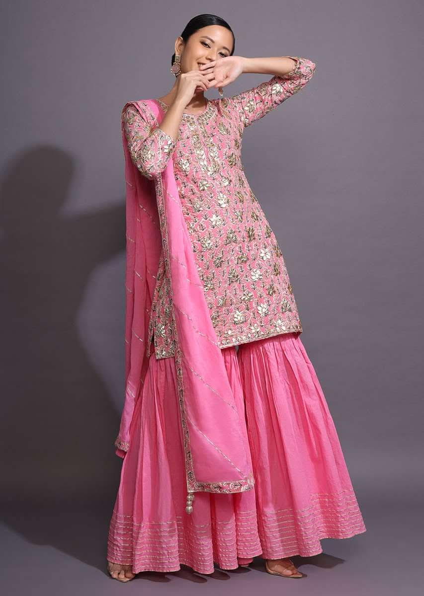 Rose Pink Sharara Suit With Printed Buttis And Gotta Patti Accents
