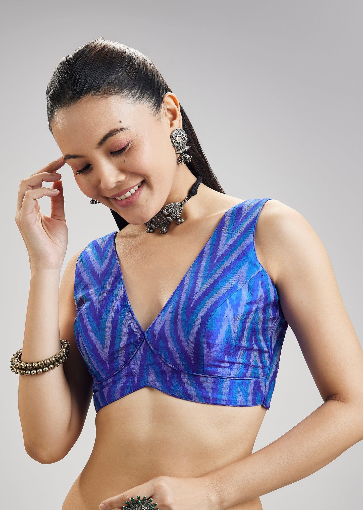 Royal Blue Tussar Silk Ikat Fancy Blouse