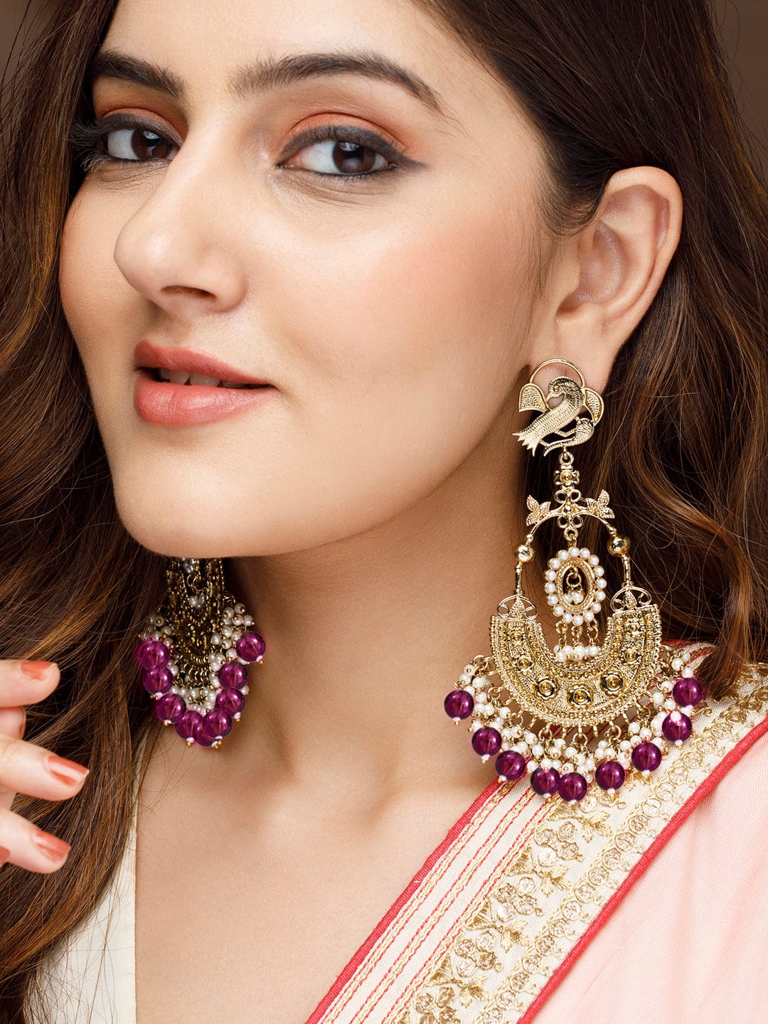 Rubans 18K Gold-Plated Large Chandbali Earrings with White Pearl Beaded Accents