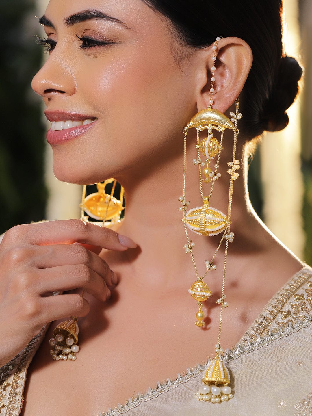 Gold Toned Multi-Layered Pearl Dangler Earrings
