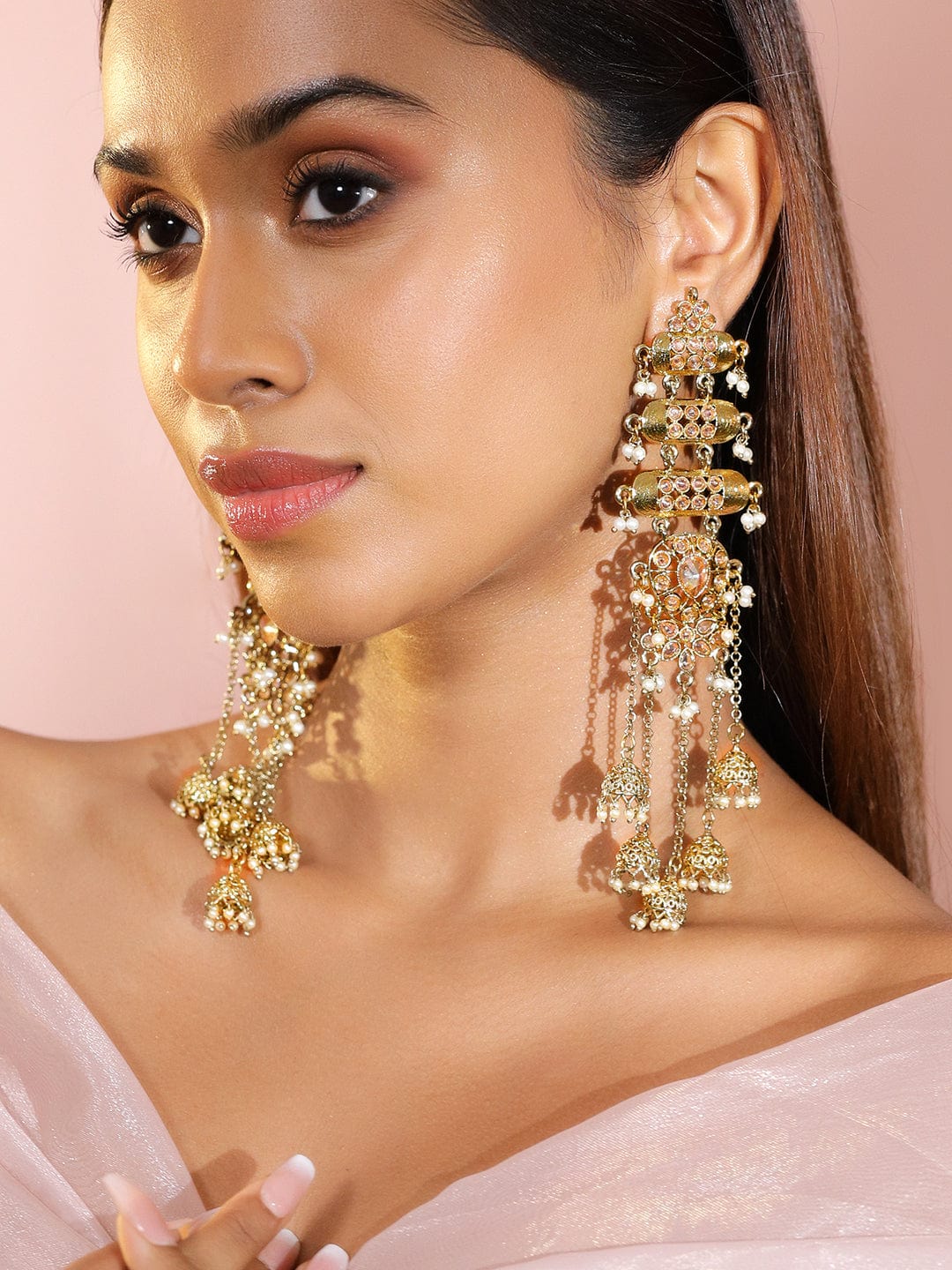 Rubans 18K Mehndi Gold-Plated Kundan Studded Layered Shoulder Duster Jhumka Earrings