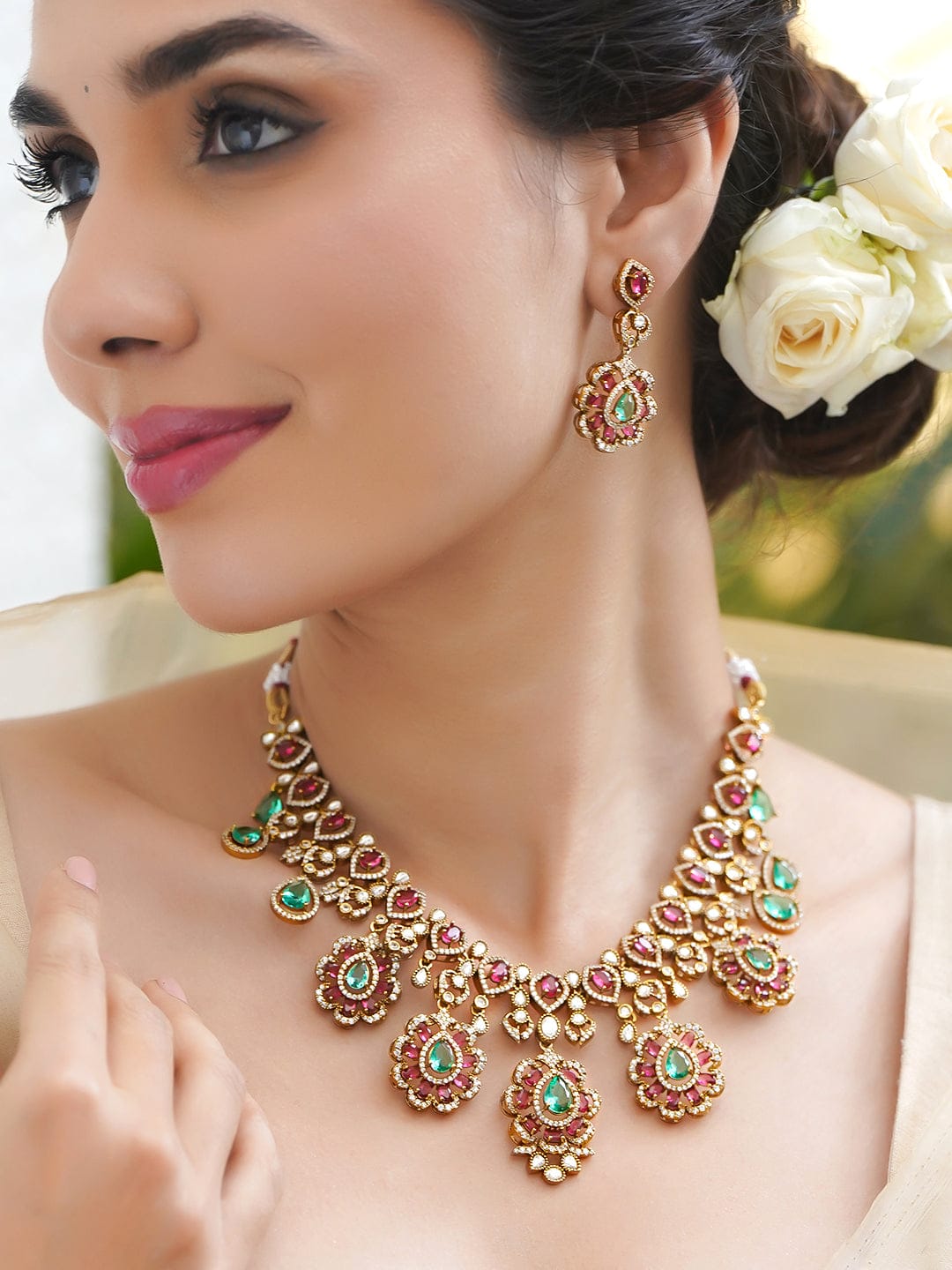 Ethnic Charm Pink-Green Necklace Set