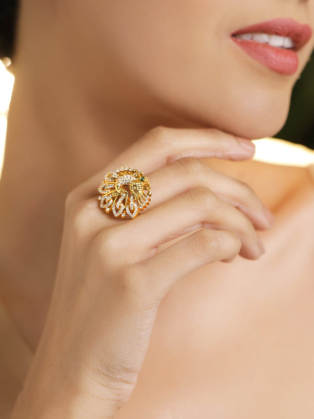 Gold American Diamond Zirconia Peacock Motif Ring