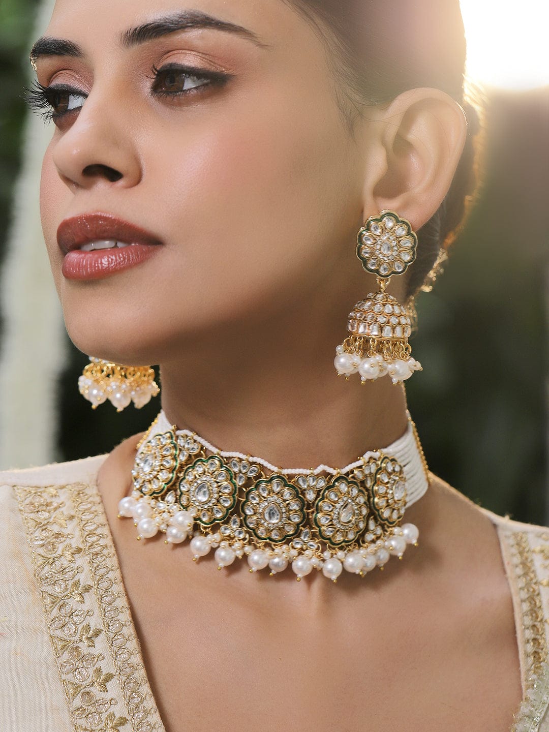Classic Green & White Kundan Necklace Set