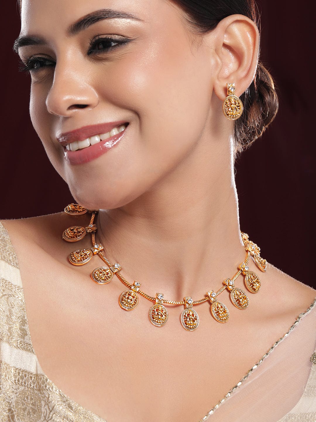American Diamond Zirconia Laxmi Temple Necklace Set