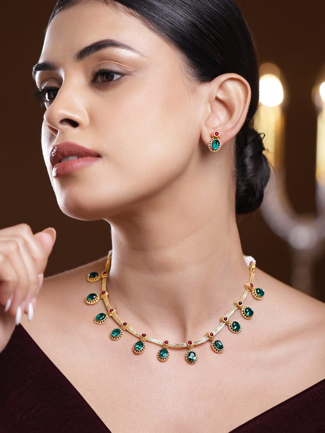 Green & Red Studded Gold Necklace Set