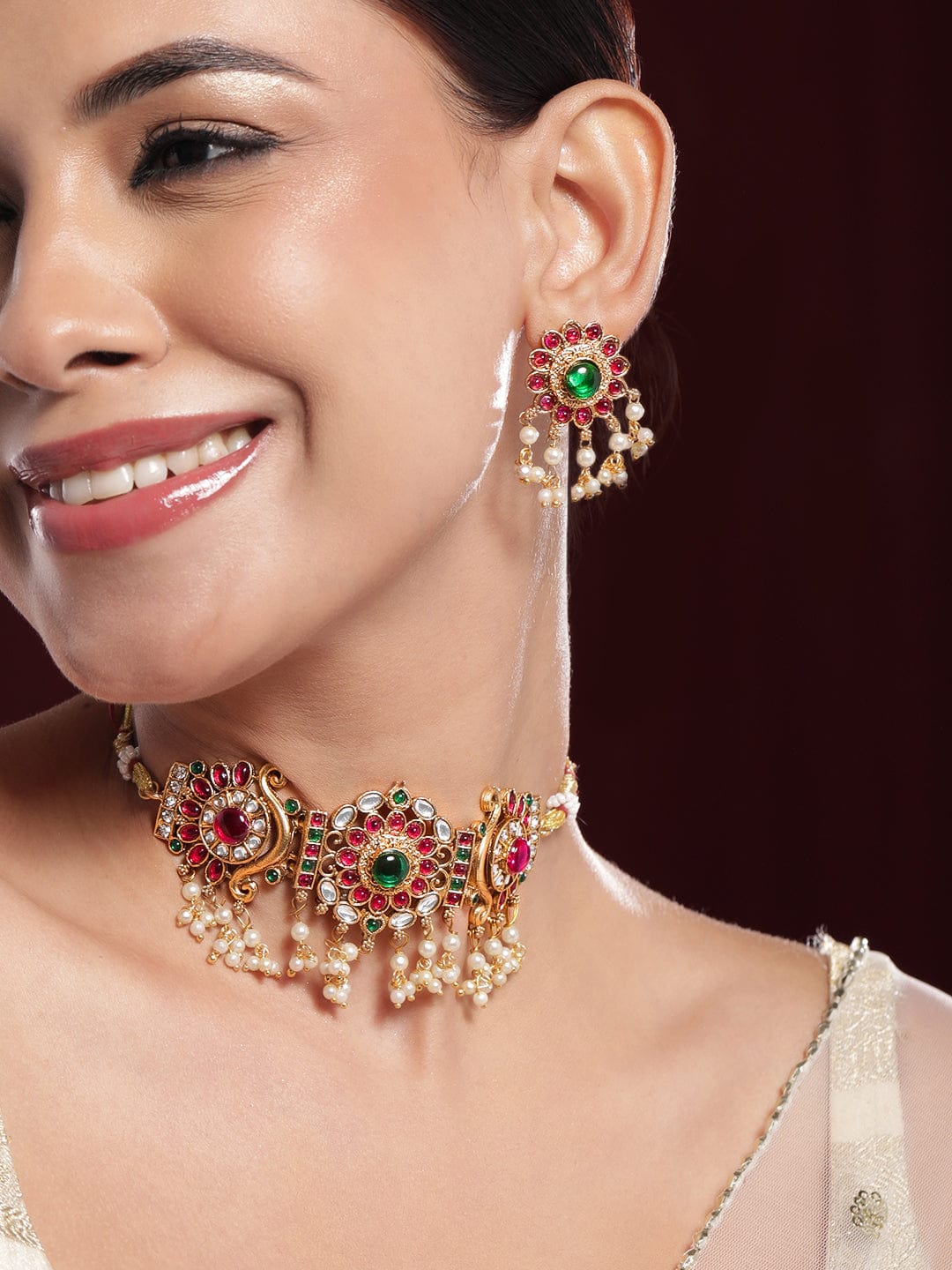 Red & Green Studded Kundan Floral Choker Set