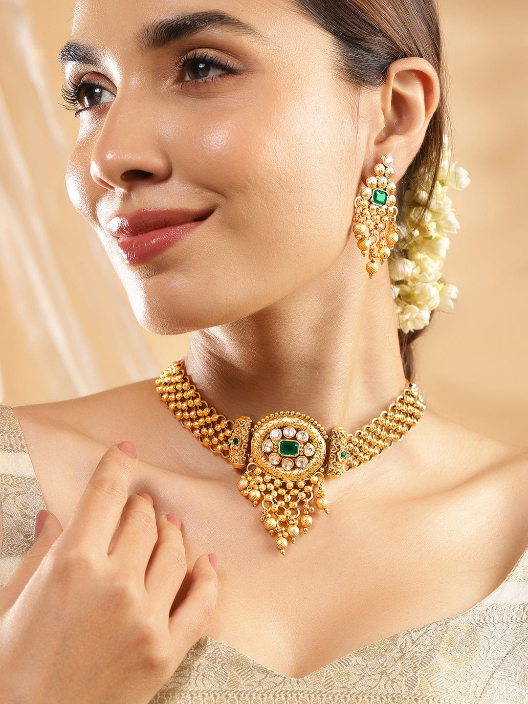 Green Studded Gold Drops Choker Set