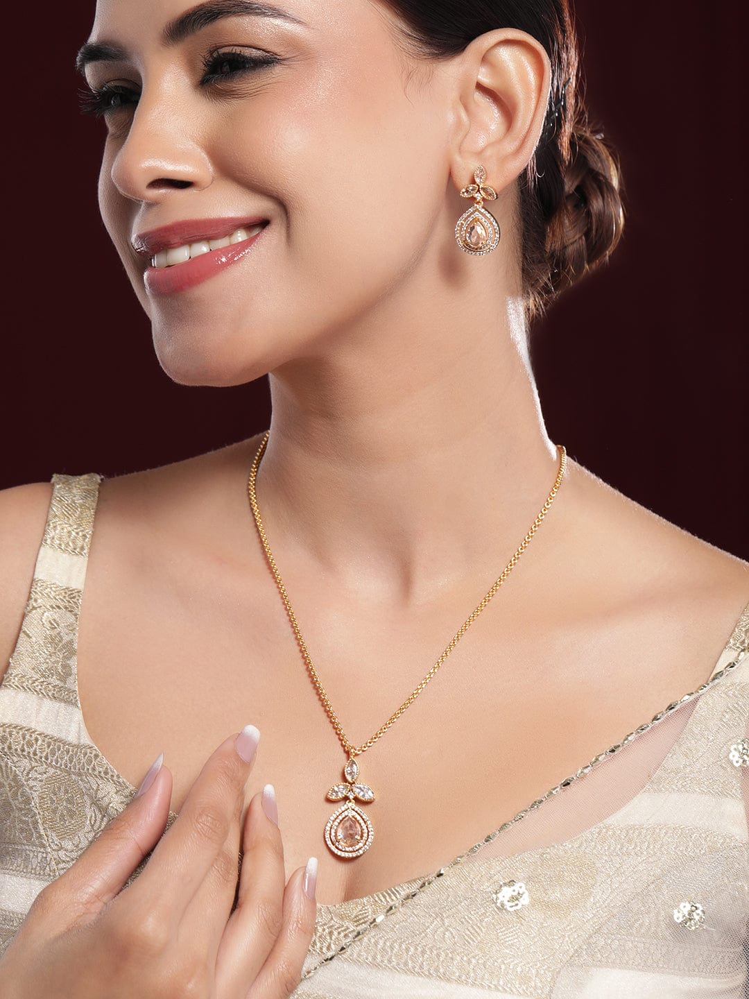 Rubans 22K Gold-Plated Grey Stone and White Cubic Zirconia Studded Pendant Jewellery Set