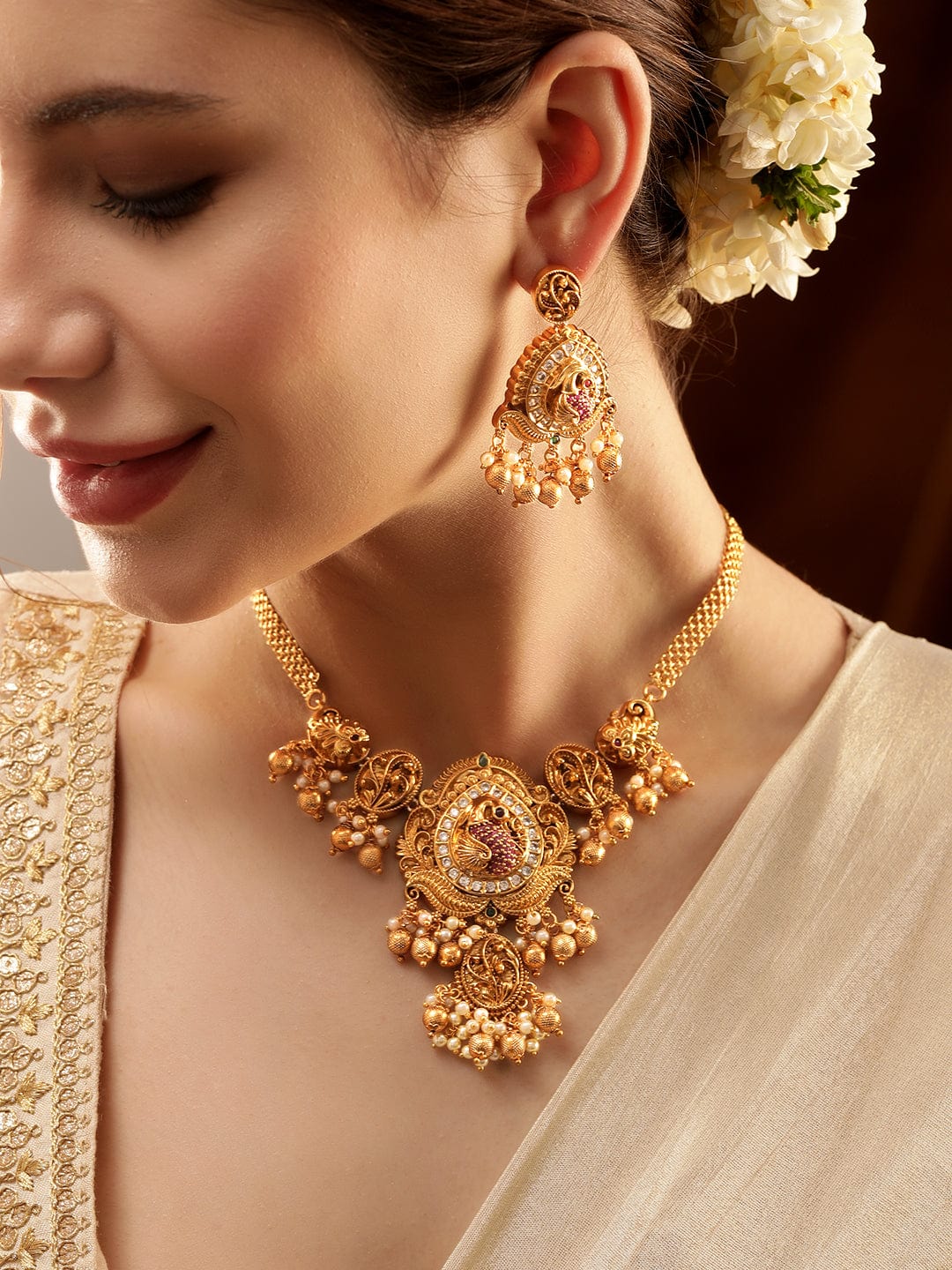 Gold Beads American Diamond Zirconia Necklace Set